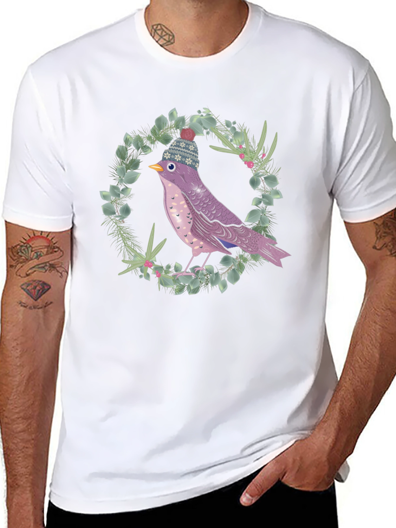 Black Whimsical Bird in Winter Hat T-Shirt view 8