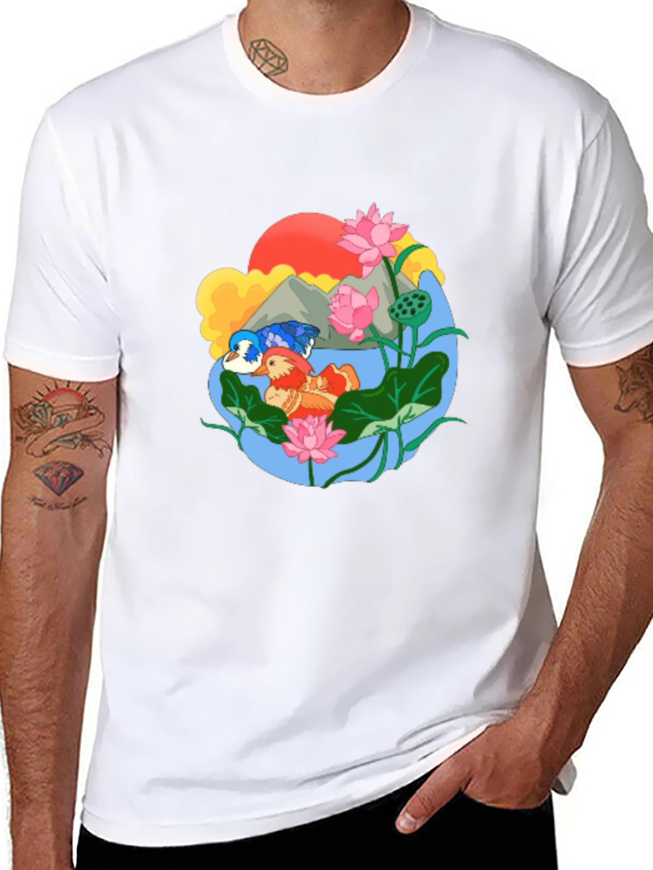 Black Mandarin Duck Lotus Pond Graphic Tee view 8
