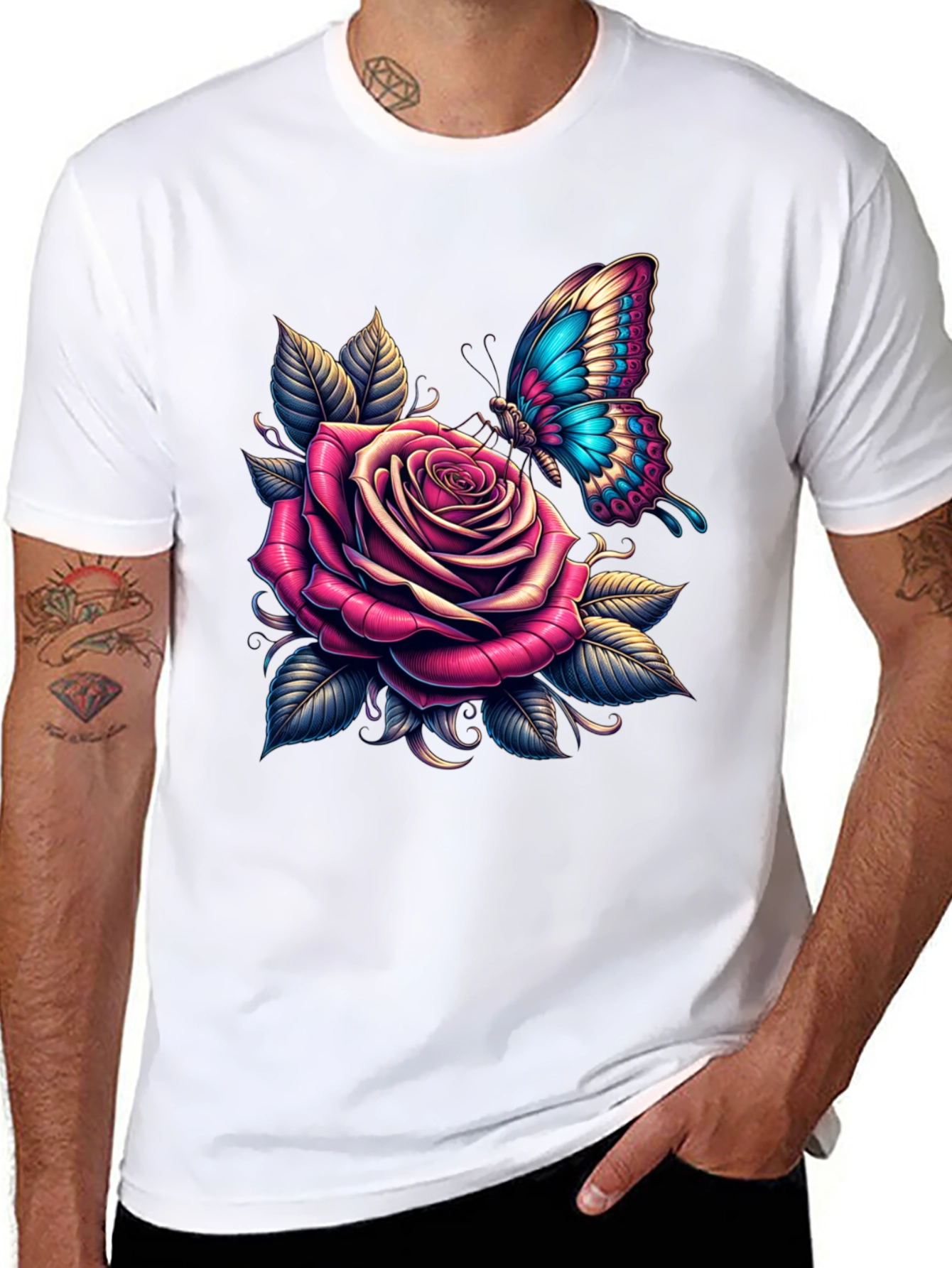 Black Rose & Butterfly Graphic Tee - Stylish Black T-Shirt view 8