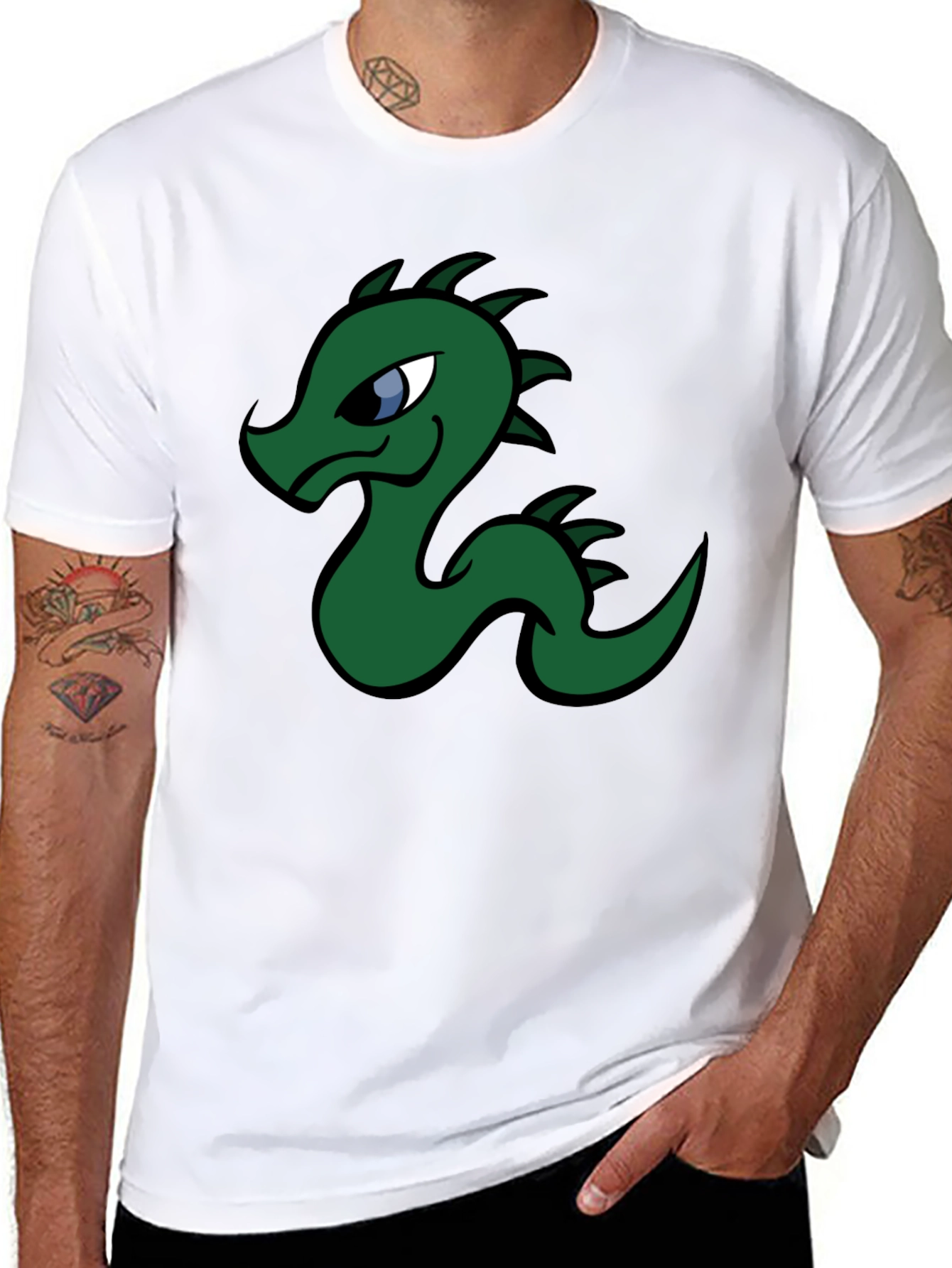 Black Cartoon Dragon Graphic Tee - Black Cotton T-Shirt view 8