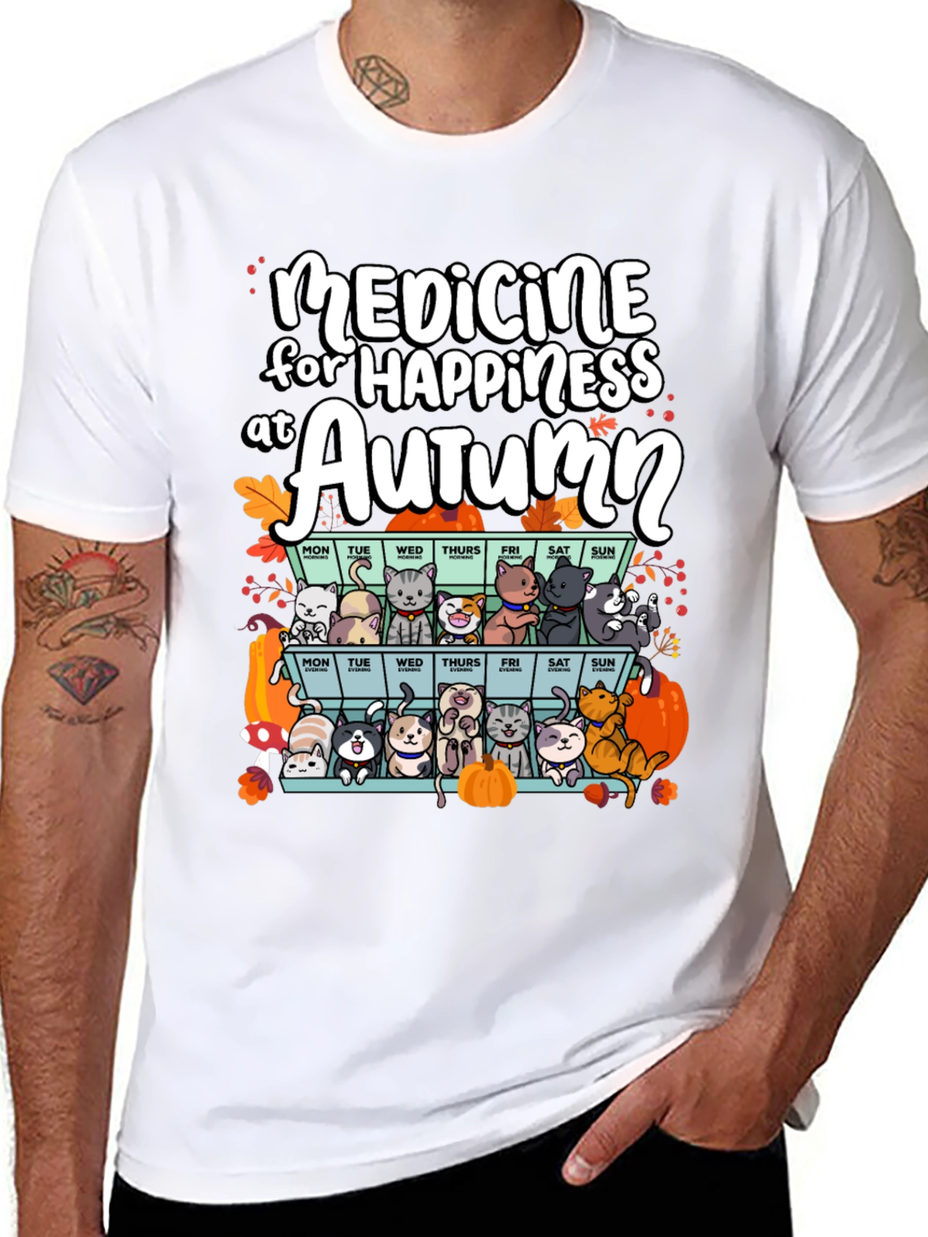 Black Autumn Cats Happiness Medicine T-Shirt view 8