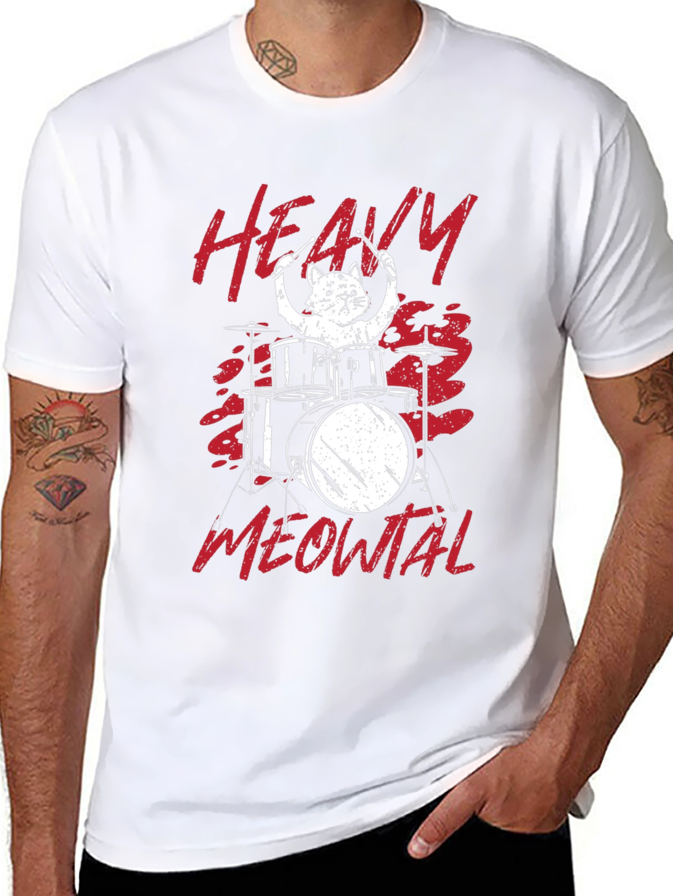 Black Heavy Meowtal Cat Drummer T-Shirt view 8