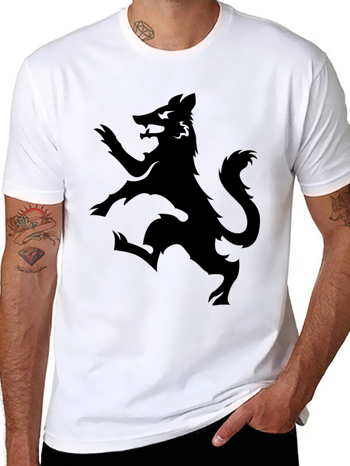 Black Men's Black Graphic Tee - Rampant Wolf Design view 8