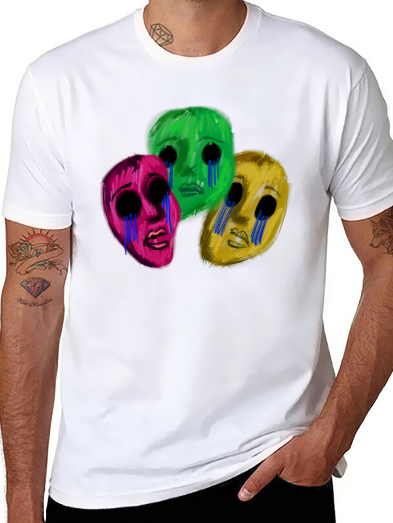 Black Men's Black T-Shirt with Three Crying Faces view 8
