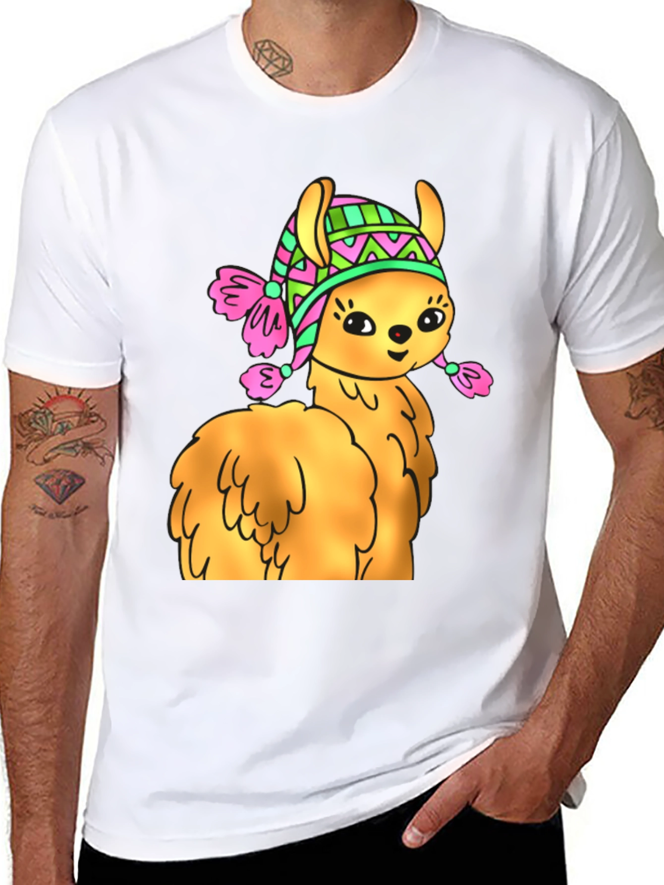 Black Cute Llama Wearing Hat T-Shirt view 8
