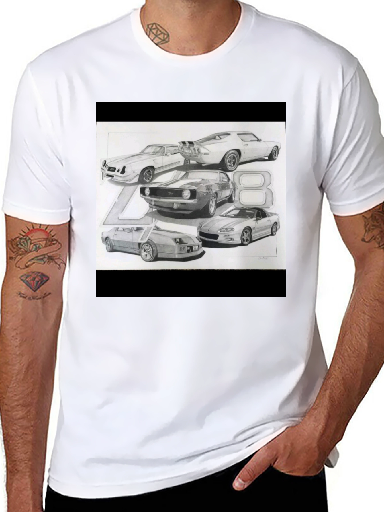 Black Classic Car Sketch Black Tee view 8