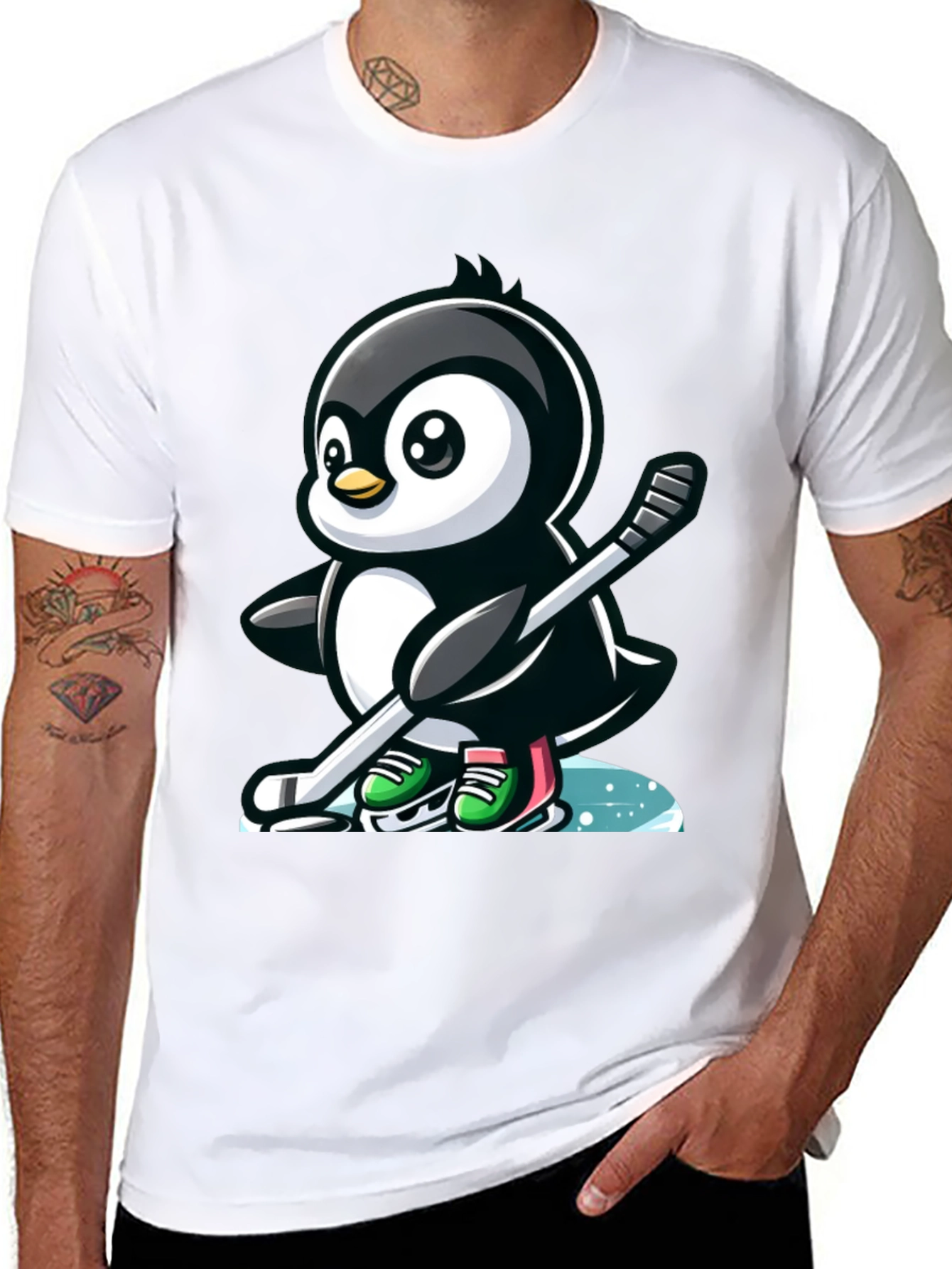 Black Hockey Penguin T-Shirt - Cool Cartoon Tee view 8