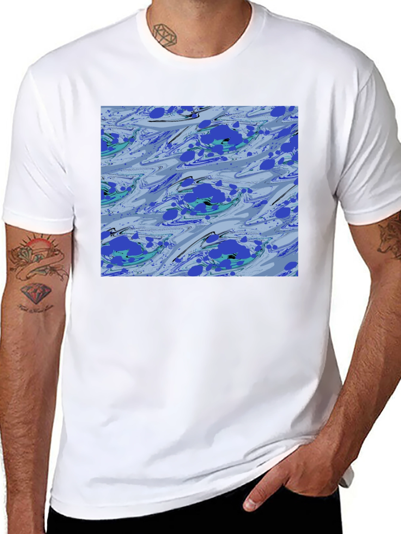Black Abstract Blue Pattern Black T-Shirt view 8