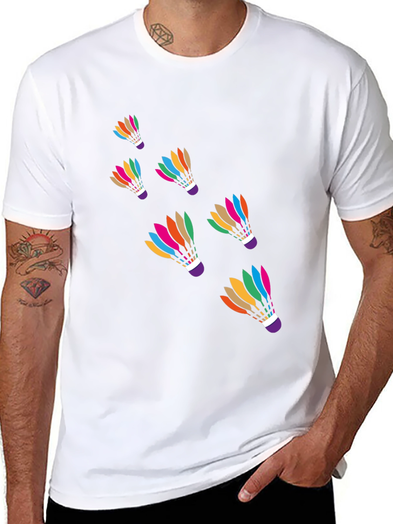 Black Colorful Badminton Shuttlecock Graphic Tee - Black Cotton T-Shirt view 8