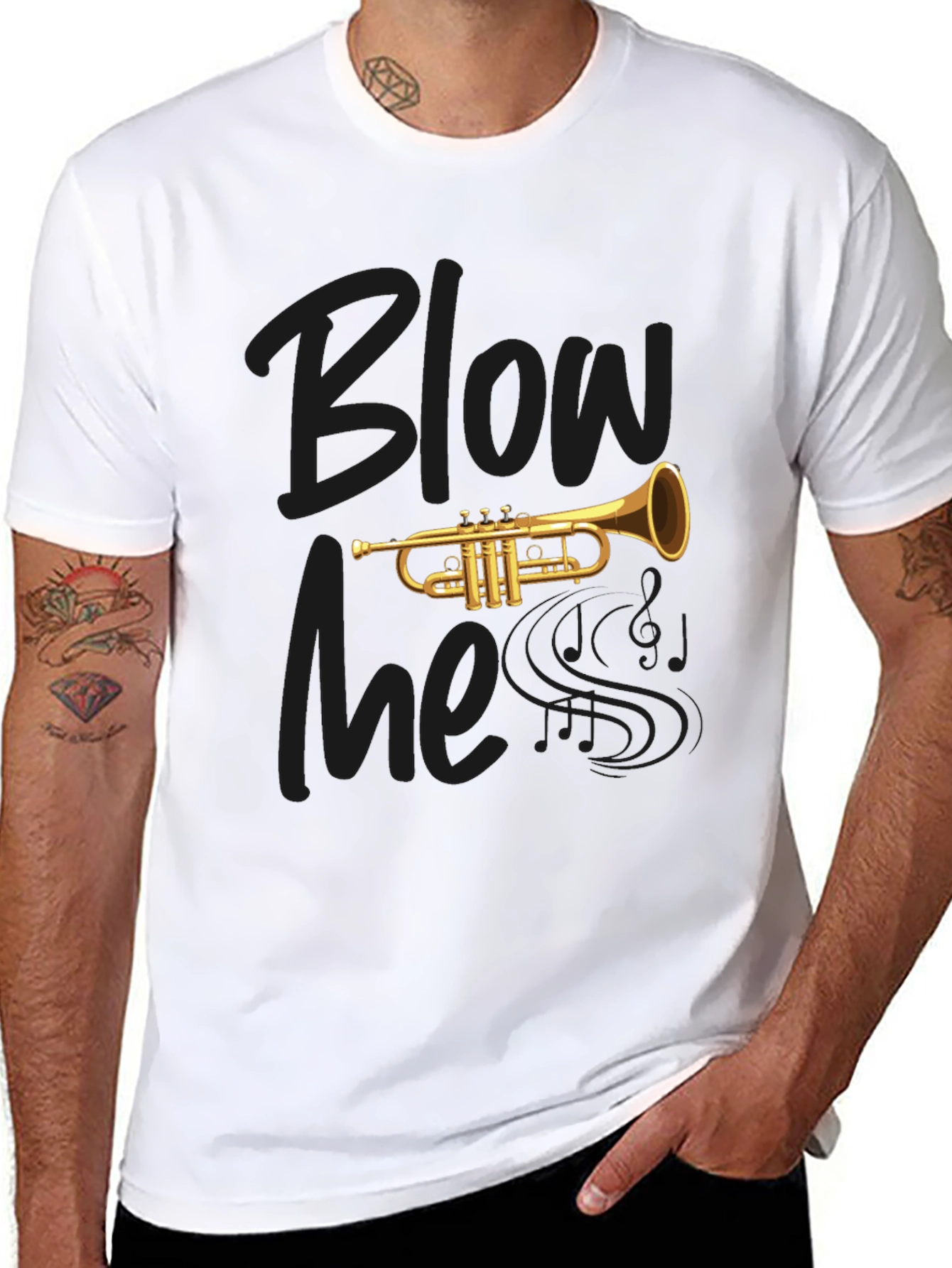 Black Blow Me Trumpet Graphic Black T-Shirt view 8