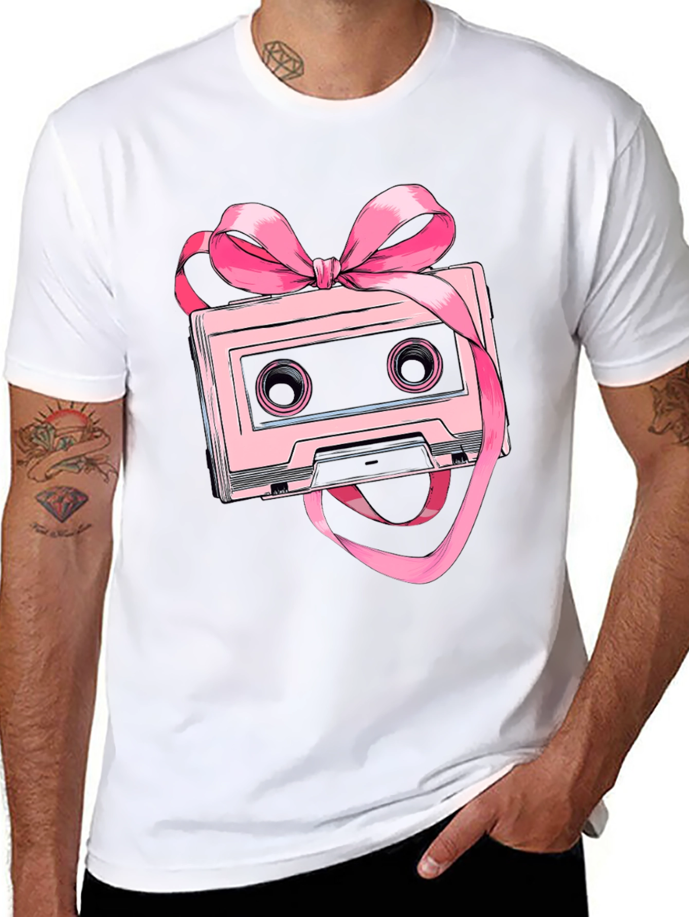 Black Retro Cassette Tape Pink Bow T-Shirt view 8