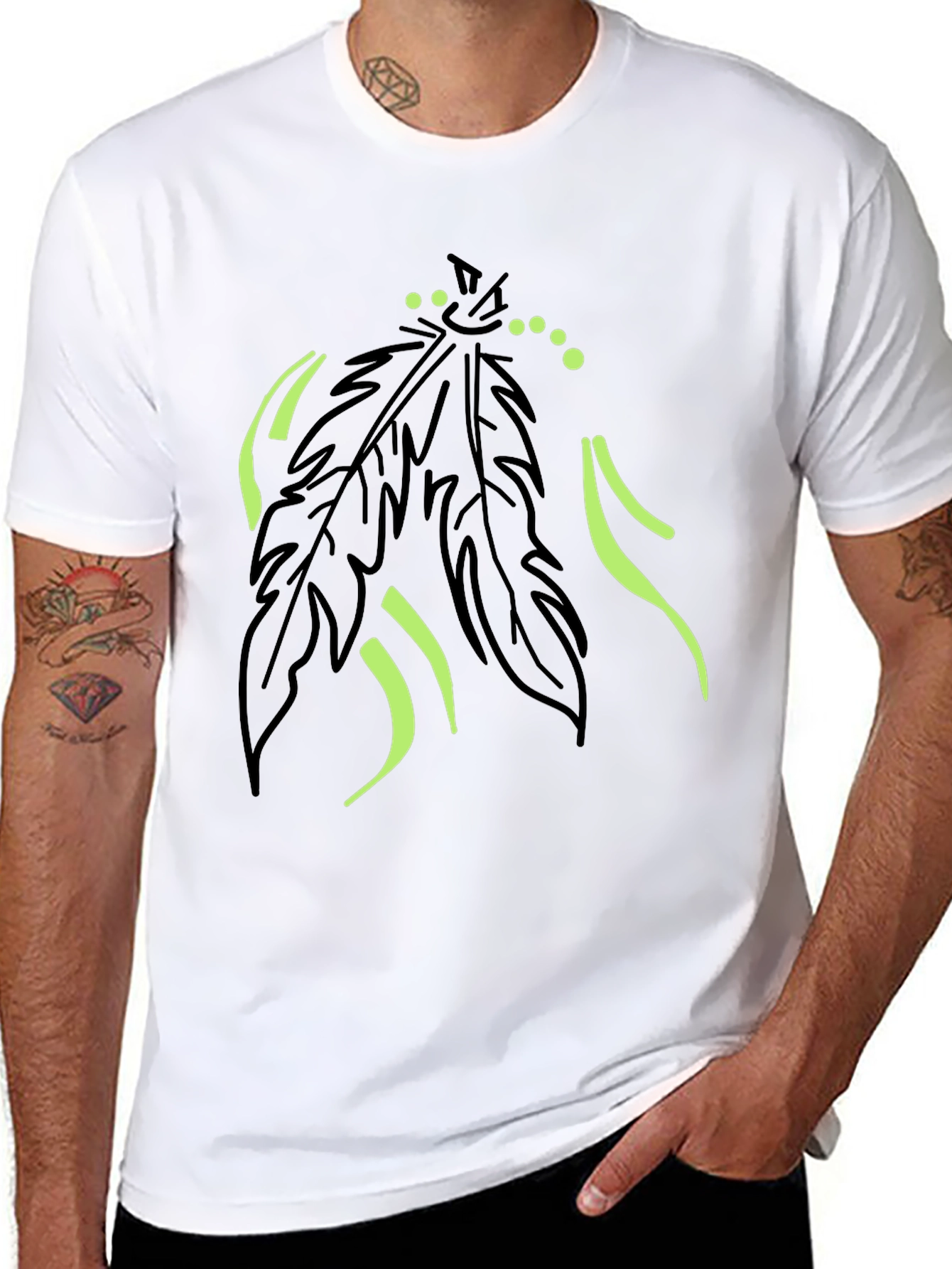 Black Men's Black T-Shirt with Feather Graphic Design view 8