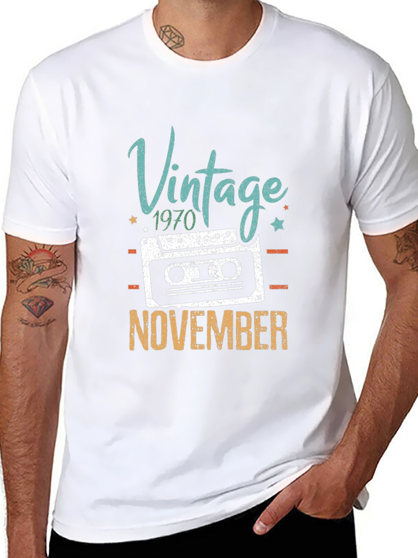 Black Vintage 1970 November Cassette Tape Birthday T-Shirt view 8