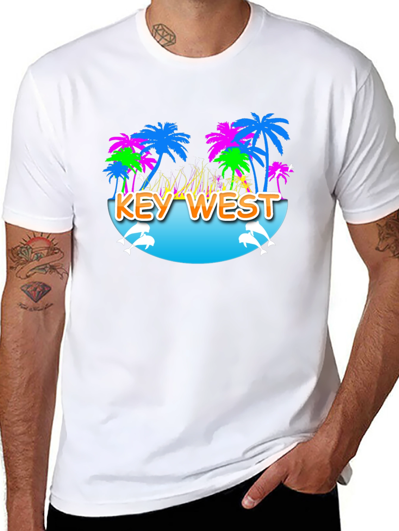 Black Key West Palm Tree Dolphin Graphic Tee view 8