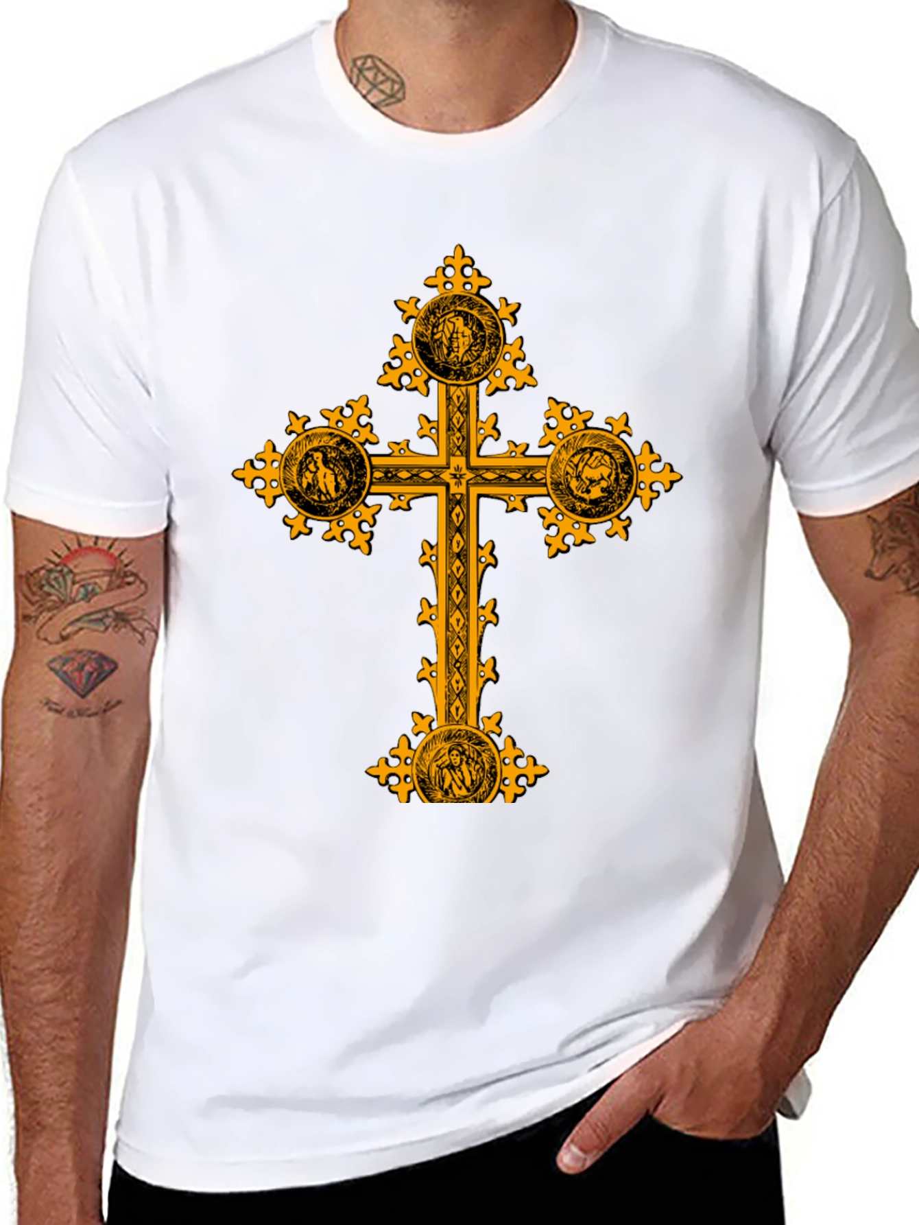 Black Ornate Gold Cross Graphic Print Black T-Shirt view 8