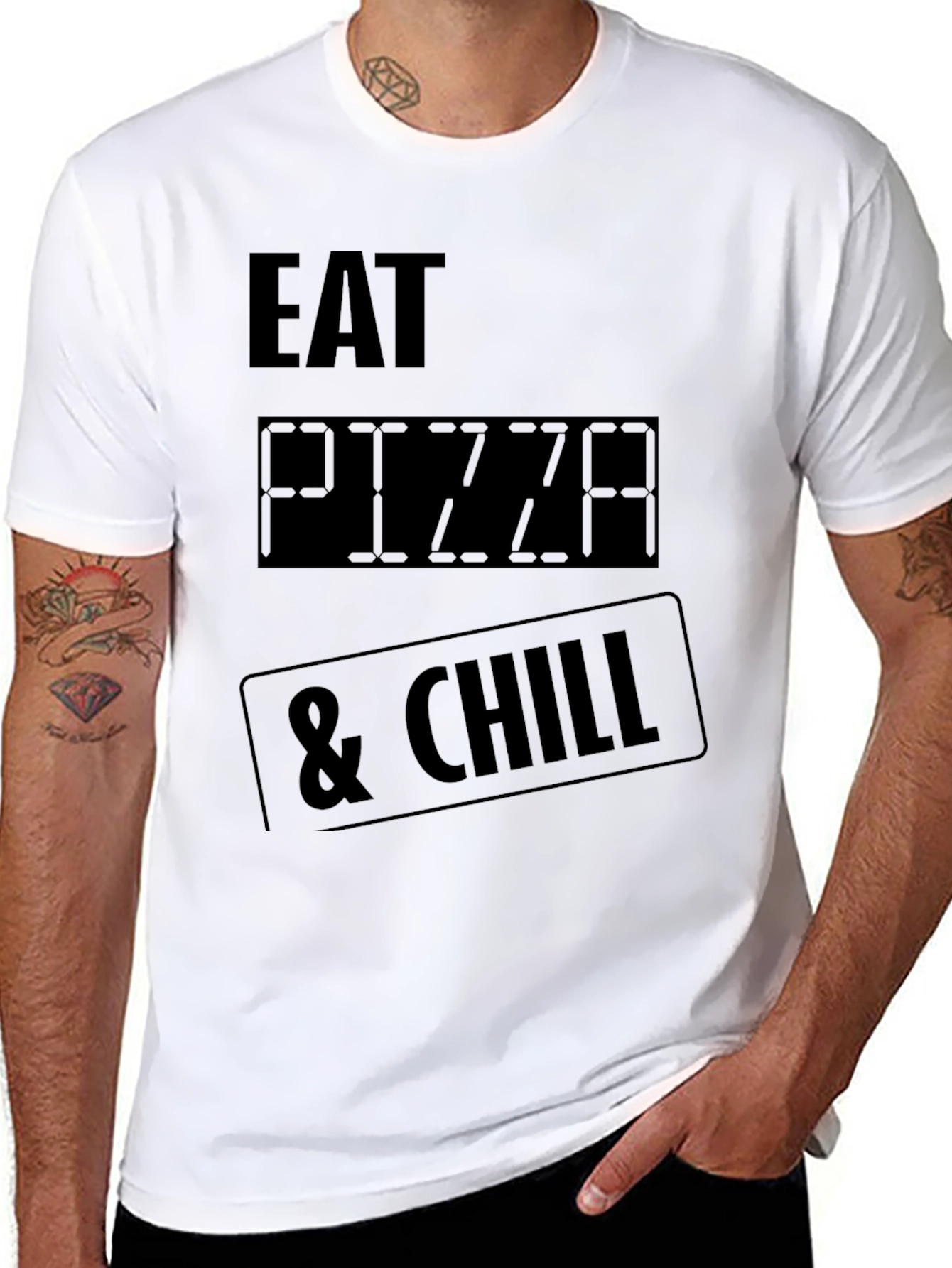 Black Eat Pizza & Chill Graphic Tee - Black Crew Neck T-Shirt view 8