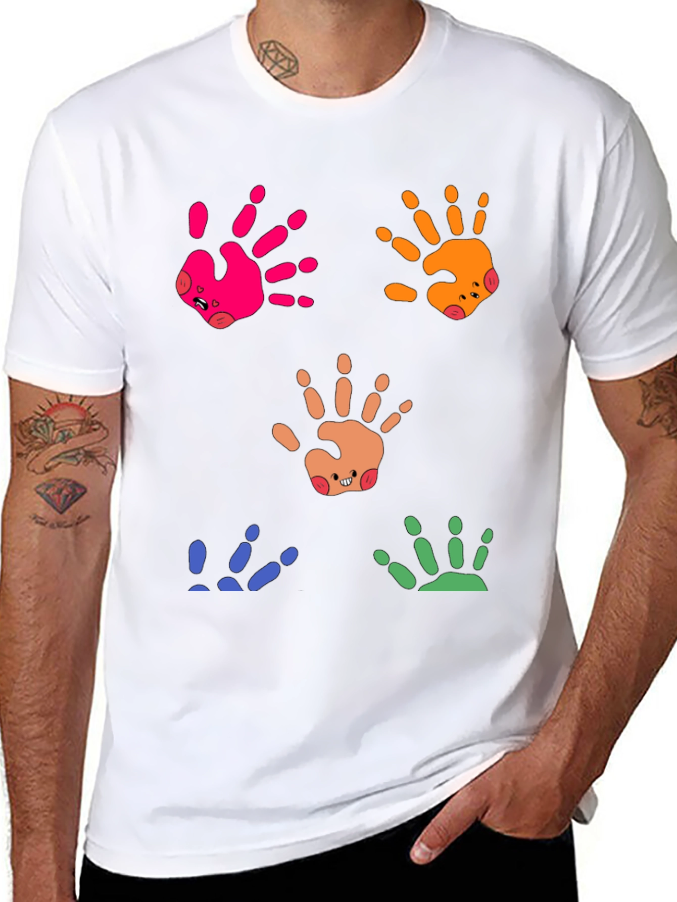 Black Colorful Handprint Graphic Tee - Whimsical Casual Wear view 8