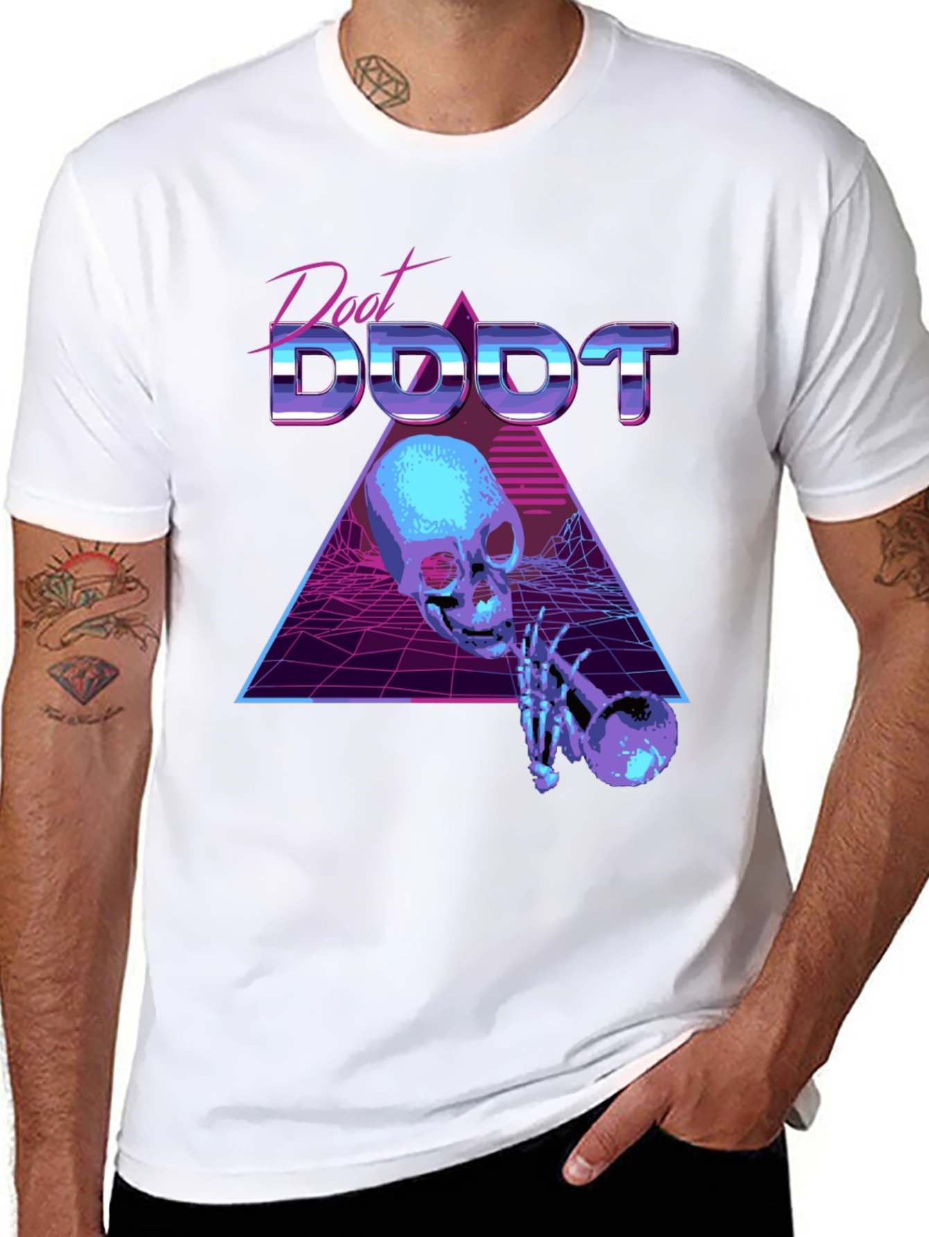 Black Synthwave Skeleton Trumpet Graphic Tee view 8