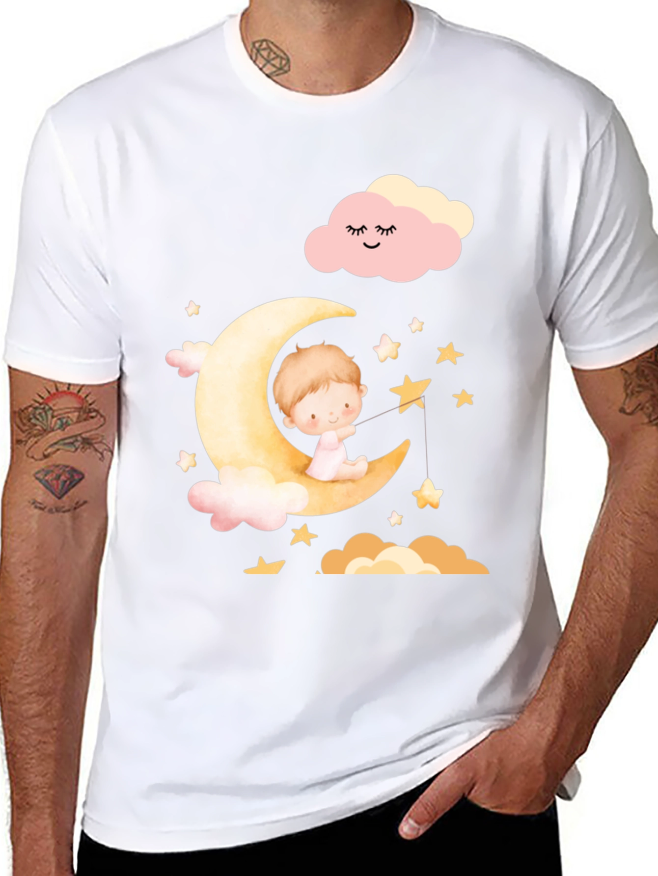 Black Cute Baby on Moon Graphic T-Shirt - Unisex view 8