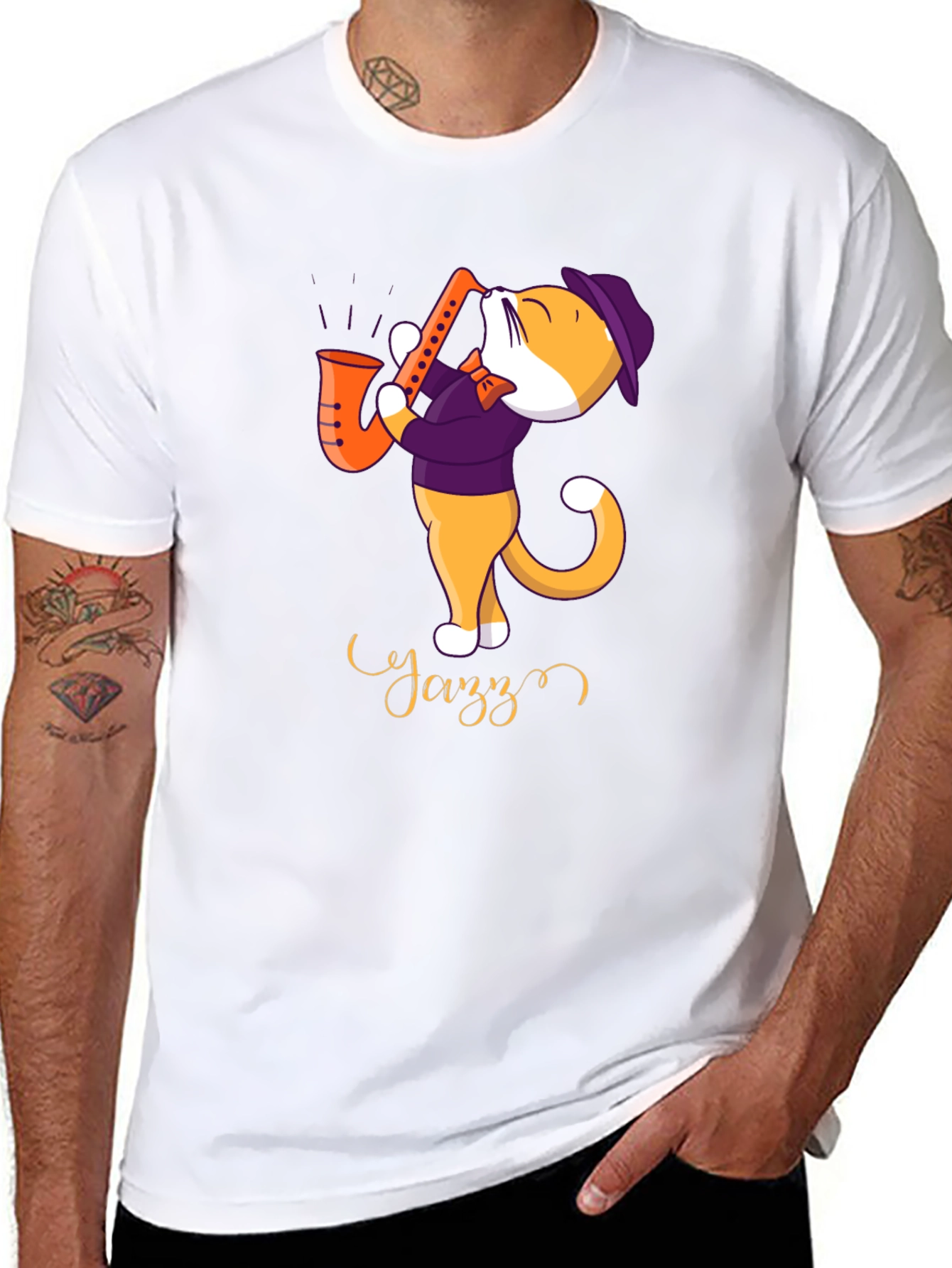 Black Jazz Cat T-Shirt - Cool Cat Playing Saxophone view 8