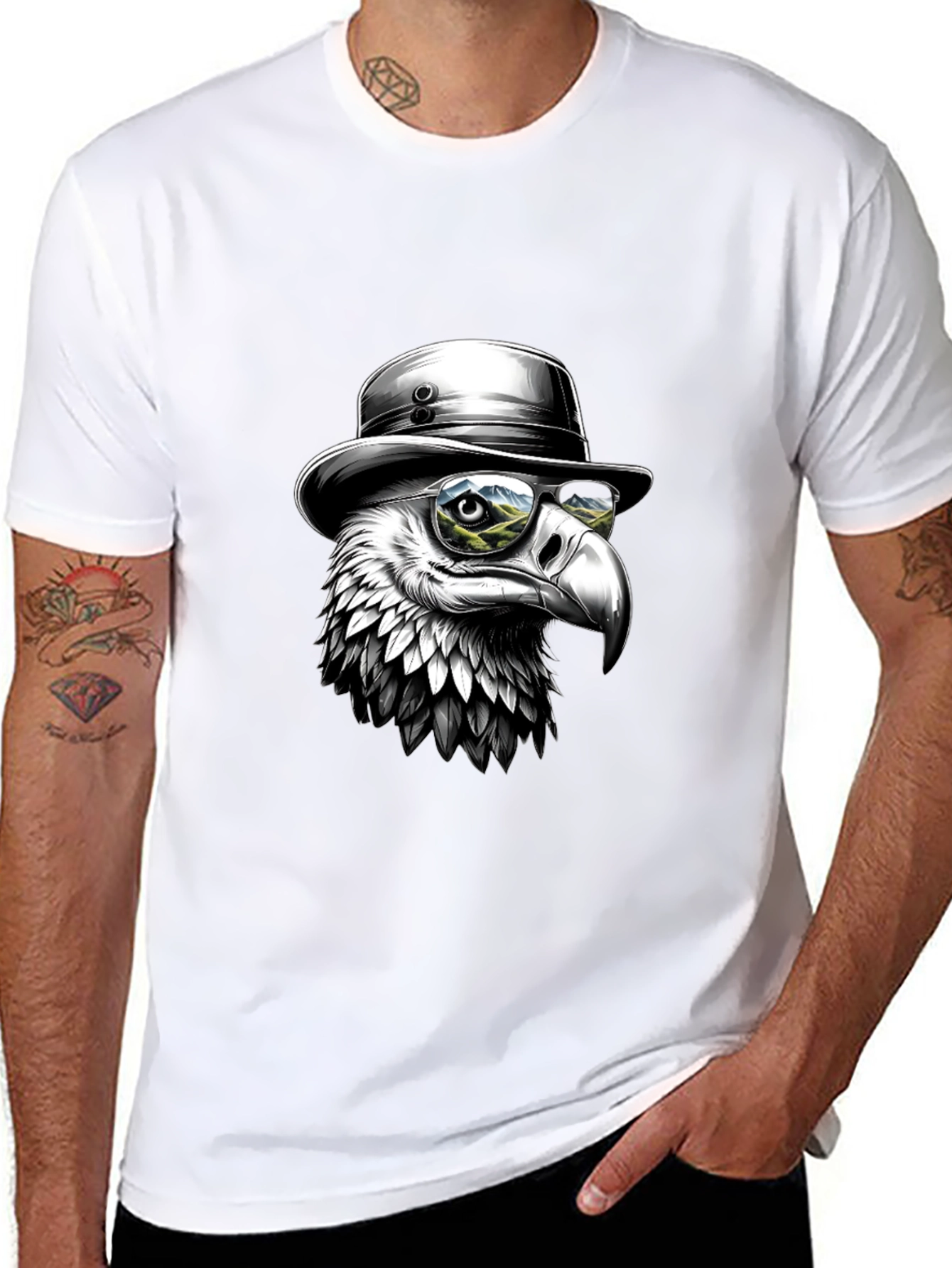 Black Cool Eagle T-Shirt - Bird with Hat & Glasses view 8