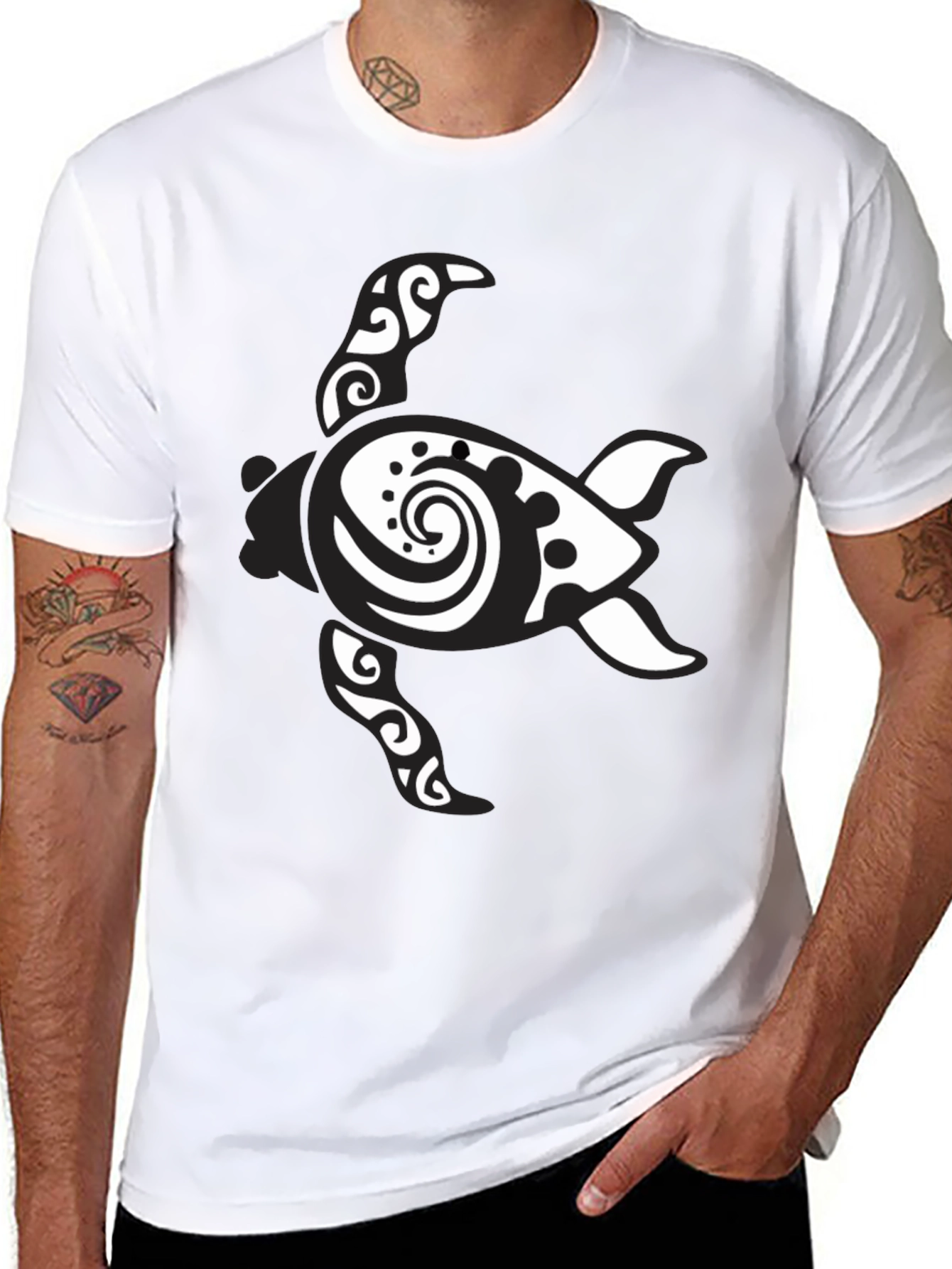 Black Tribal Turtle Graphic Print Men's Black T-Shirt view 8