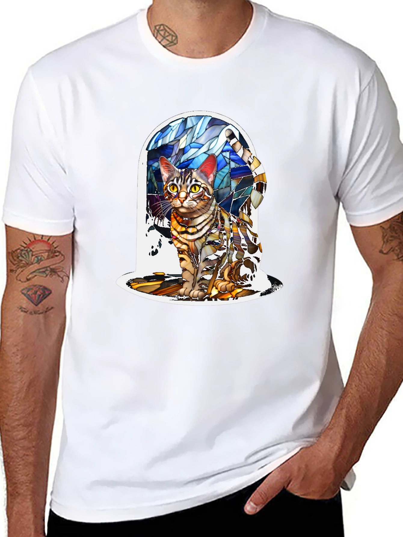 Black Stained Glass Cat T-Shirt - Artistic Feline Tee view 8