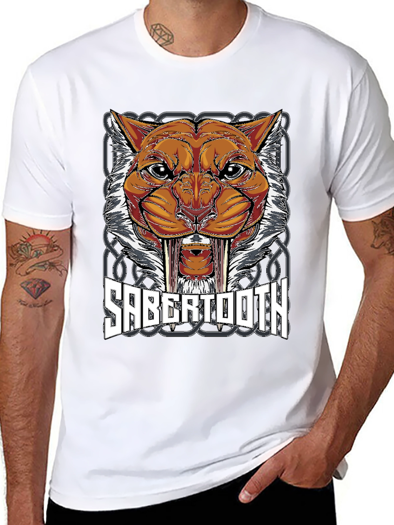 Black Sabertooth Tiger Graphic Print T-Shirt view 8