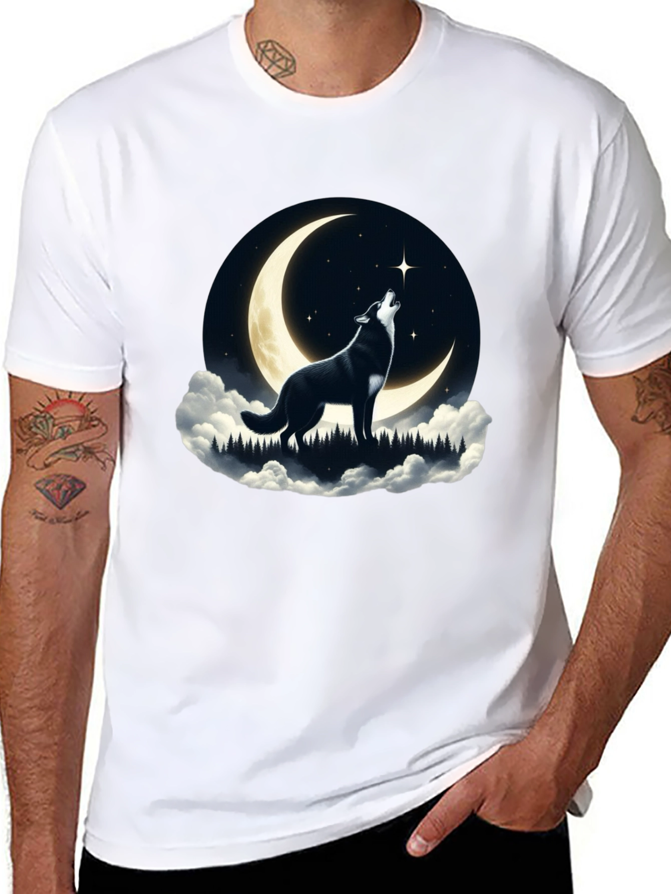 Black Wolf Howling at Moon Graphic Tee - Black view 8