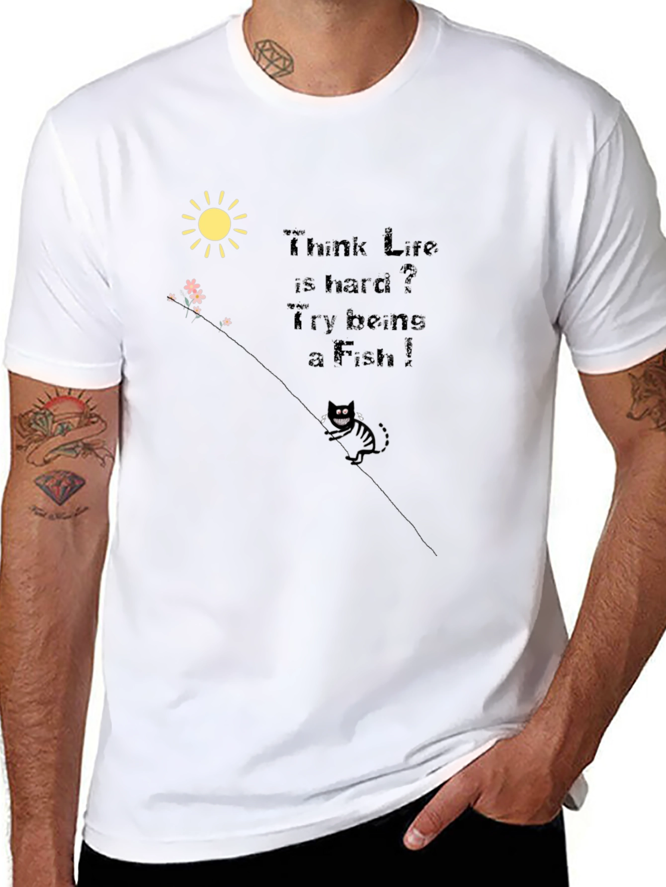 Black Think Life is Hard? Funny Cat T-Shirt view 8