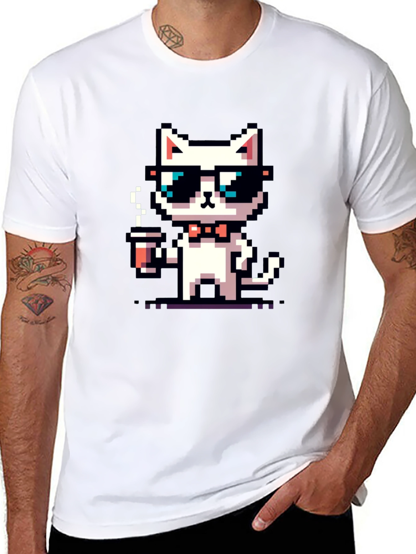 Black Cool Pixel Cat Coffee T-Shirt view 8