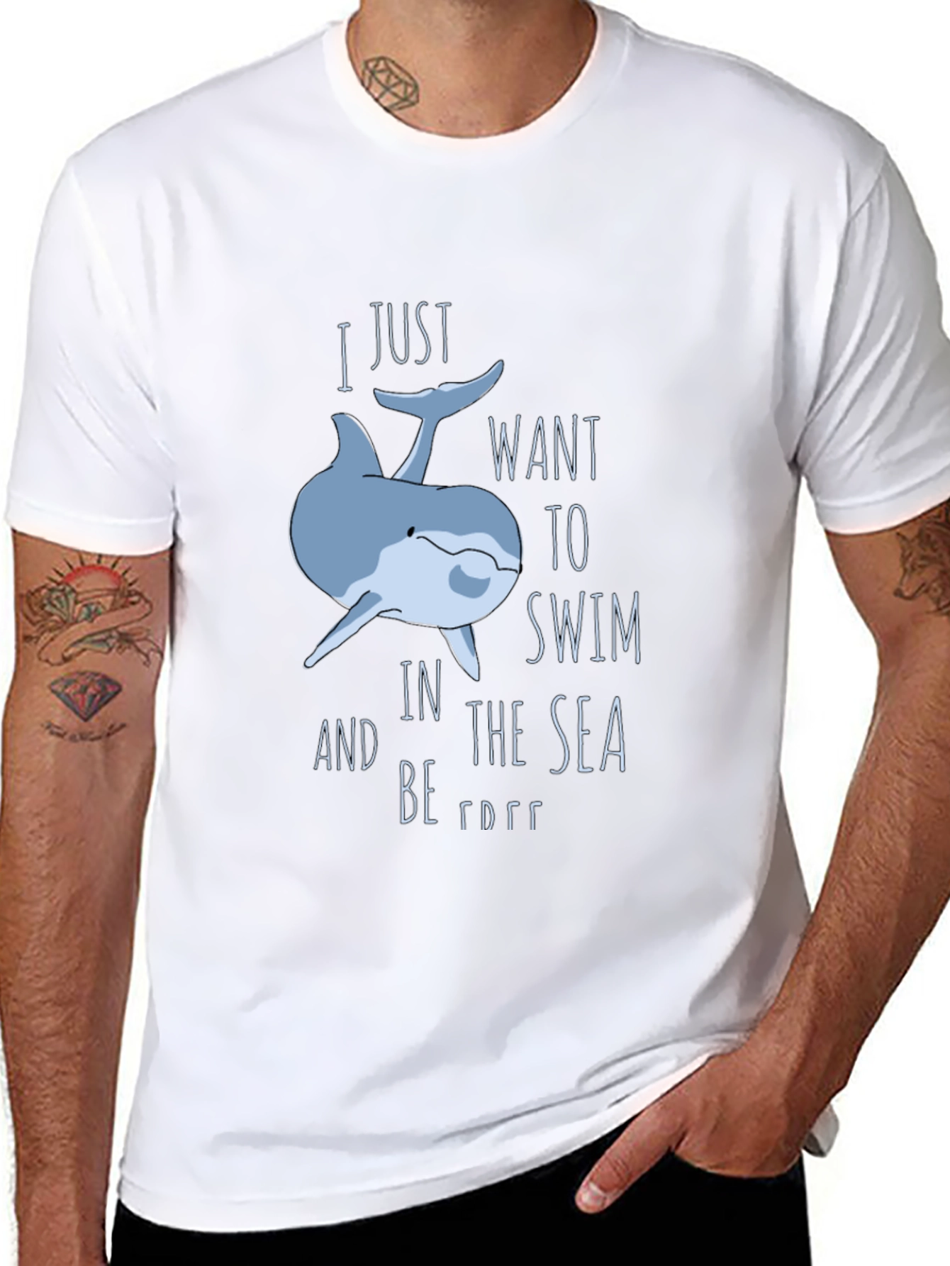 Black Whimsical Dolphin T-Shirt: Swim Free view 8