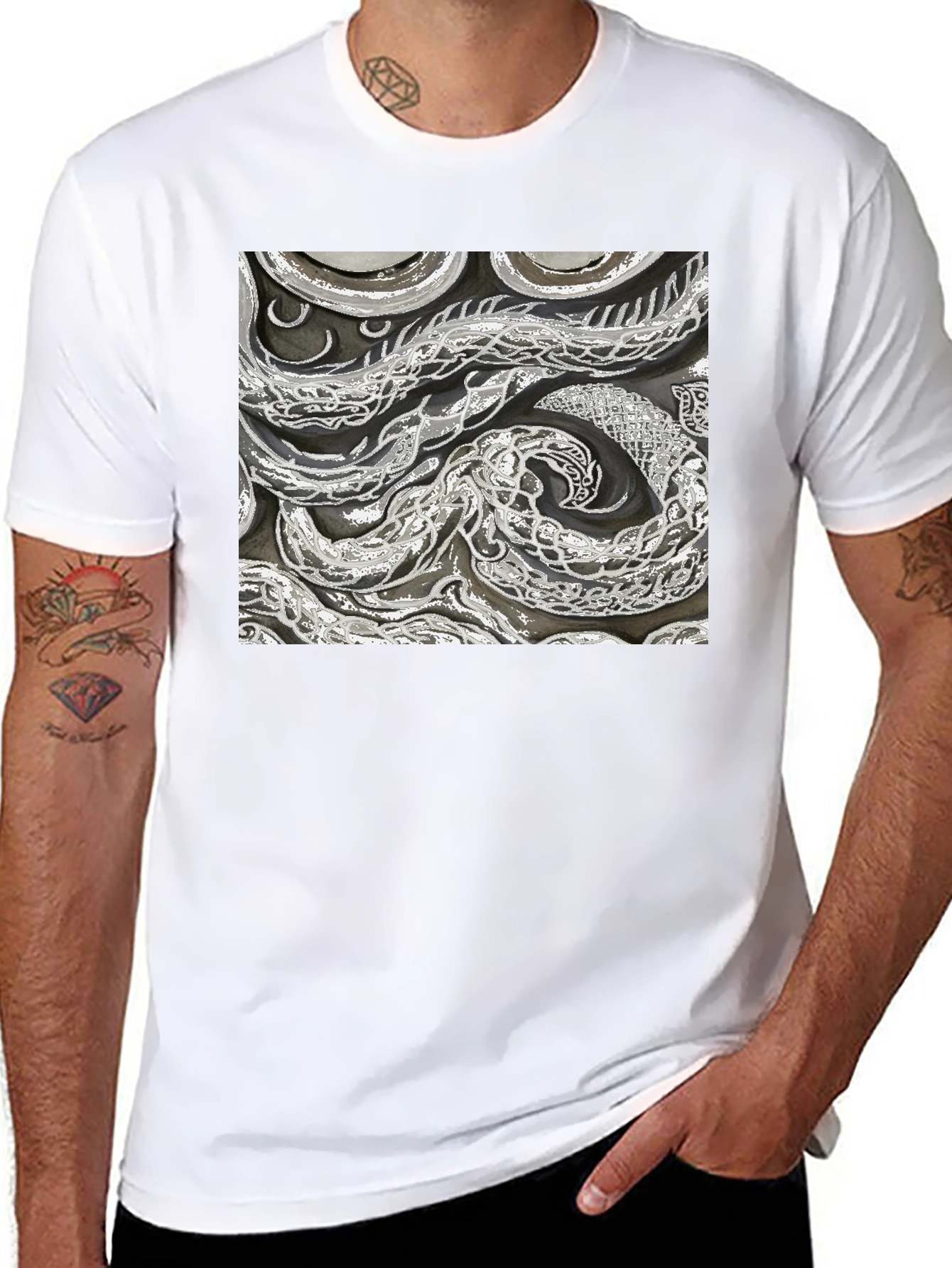 Black Abstract Snake Print Black T-Shirt view 8
