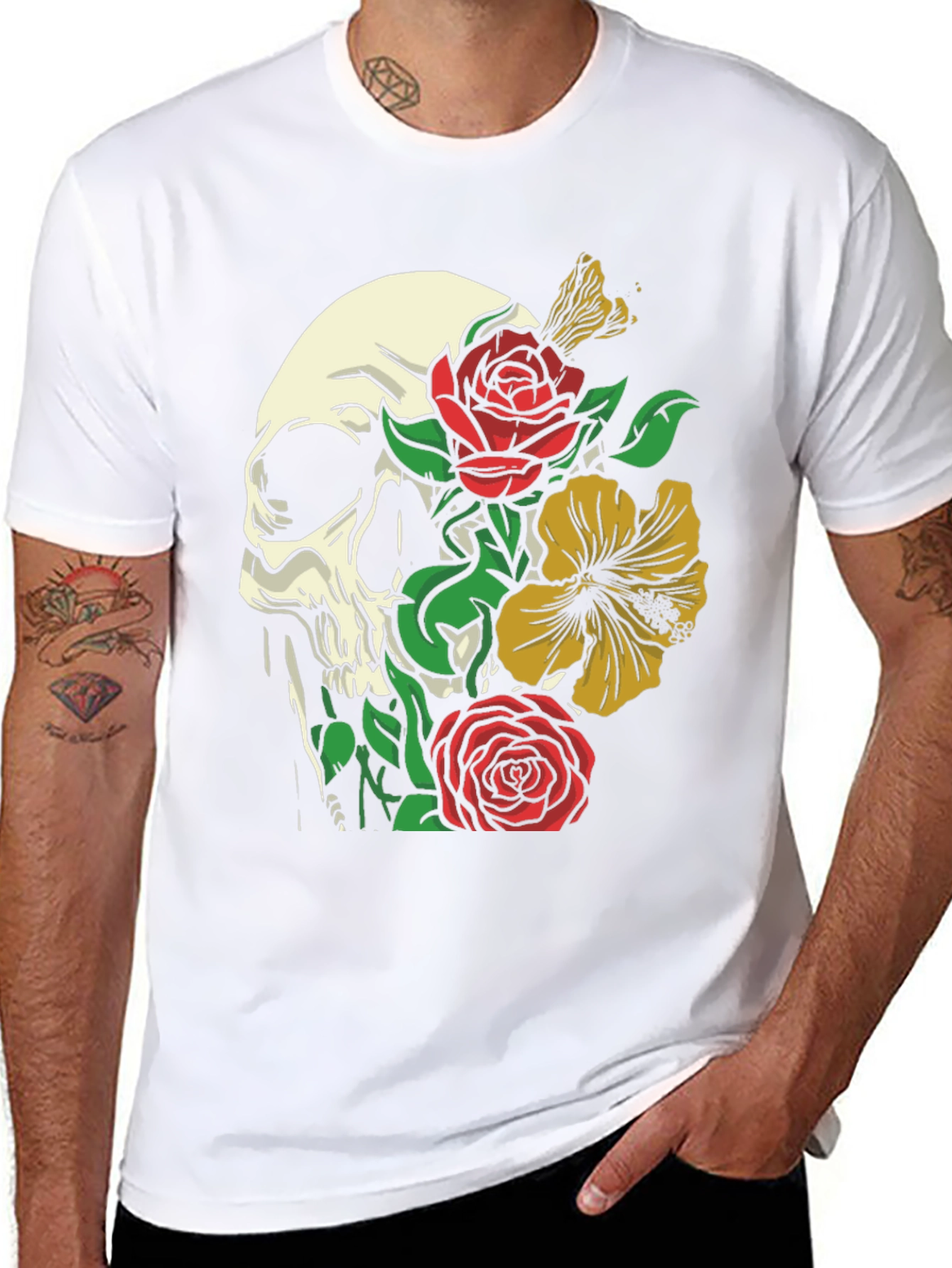 Black Skull & Floral Graphic Tee - Trendy Style view 8