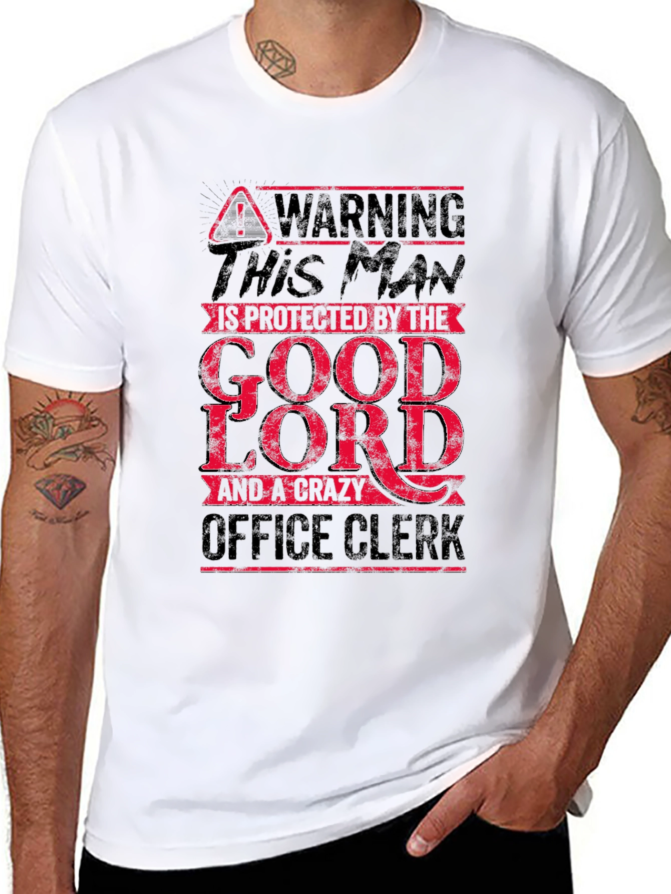 Black Warning Man Protected by God Lord & Crazy Office Clerk T-Shirt view 8