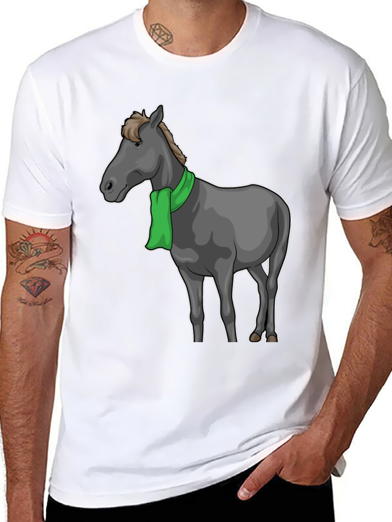 Black Horse Scarf Graphic Tee - Black Cotton T-Shirt view 8