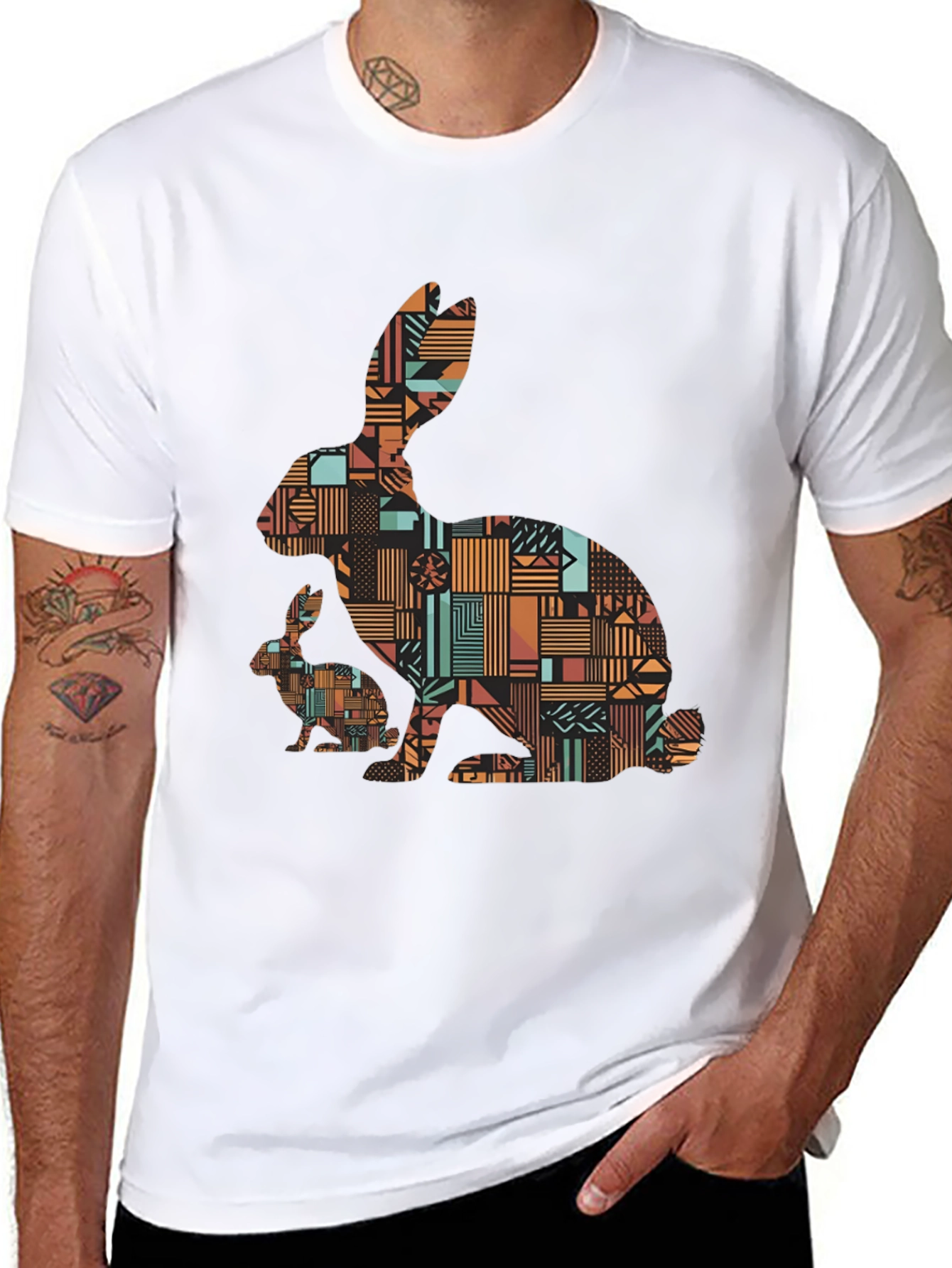 Black Geometric Rabbit Print Black T-Shirt view 8