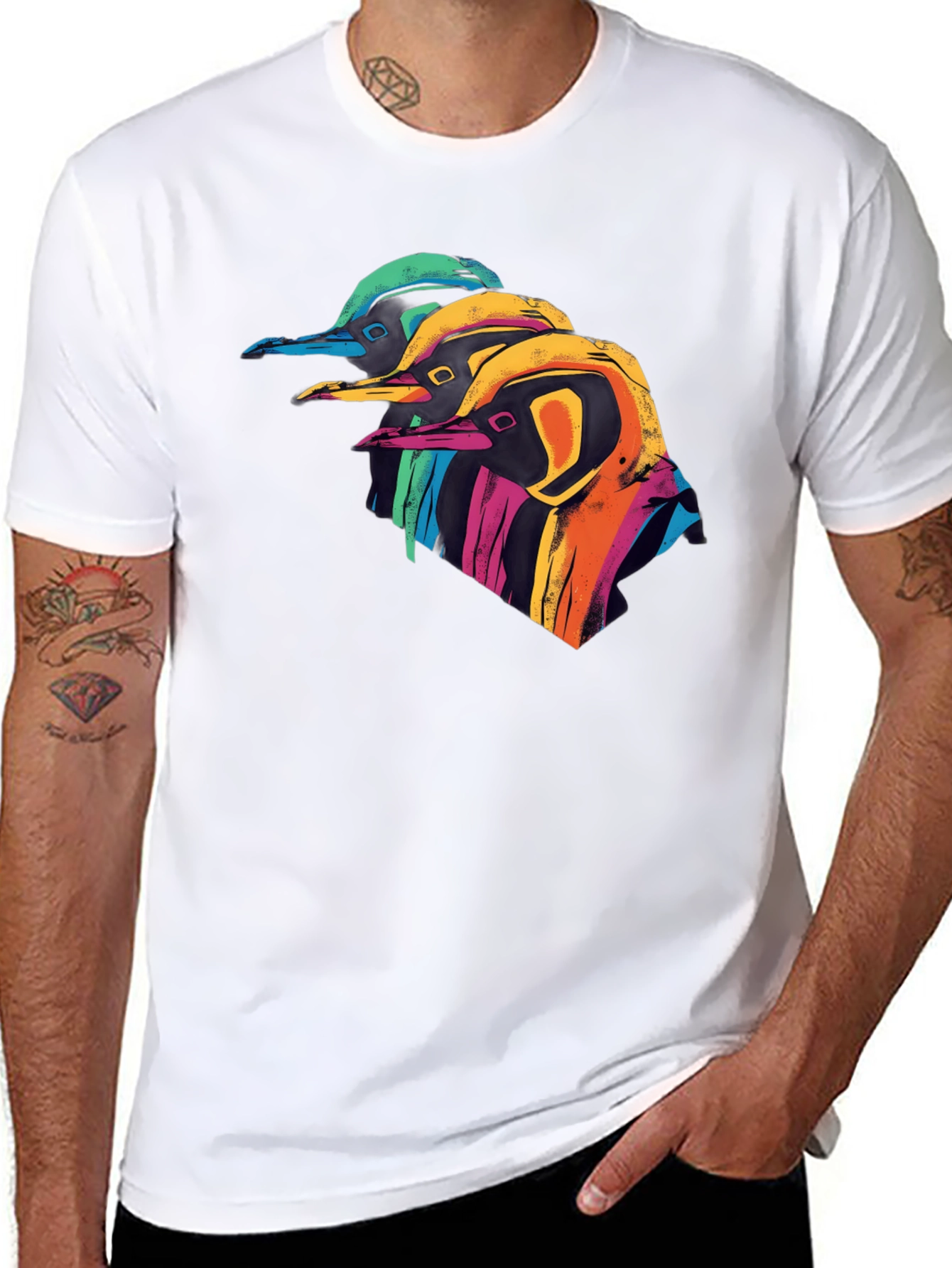 Black Colorful Penguin Graphic Black T-Shirt view 8