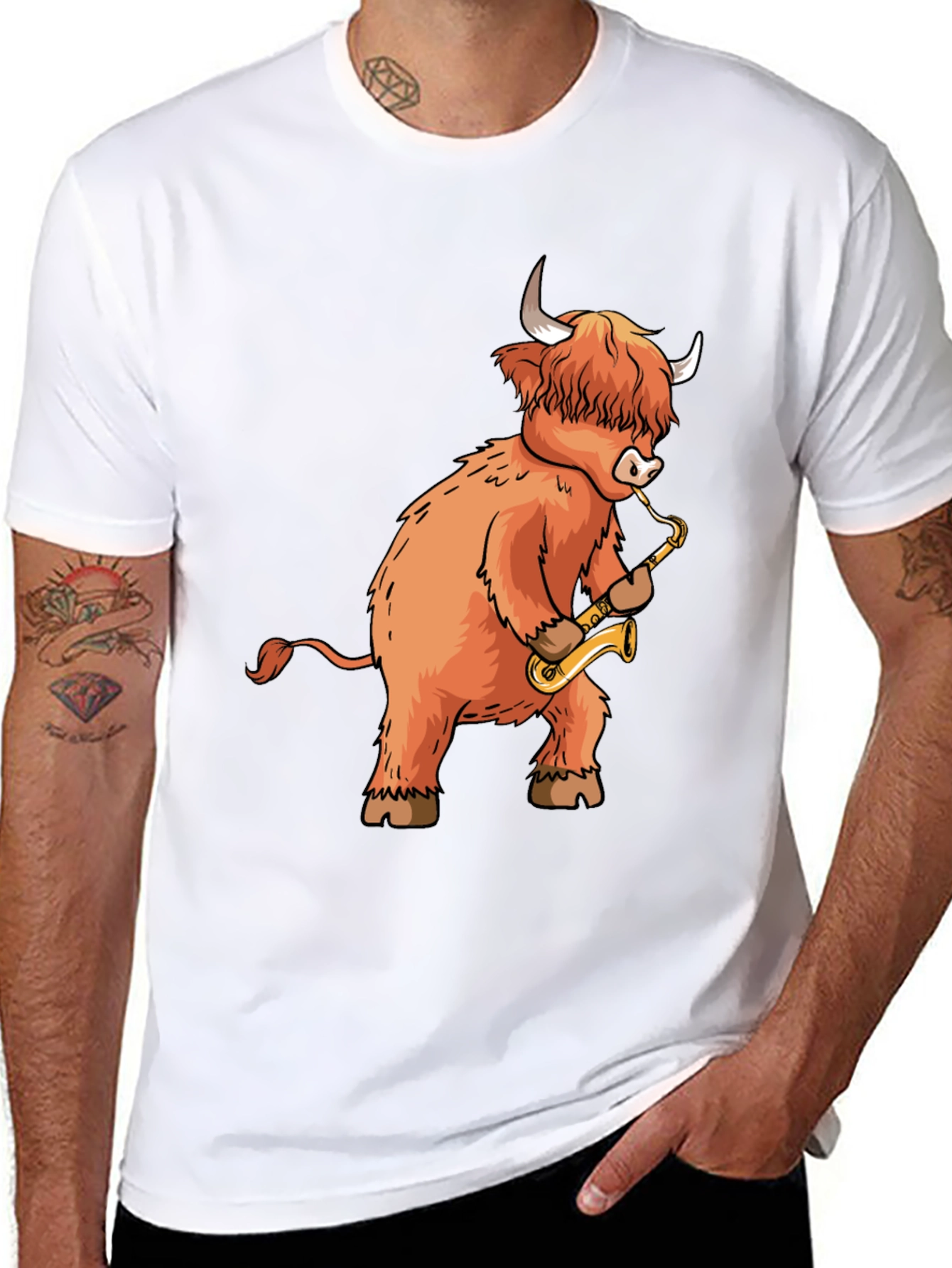 Black Highland Cow Saxophone T-Shirt - Funny Music Tee view 8