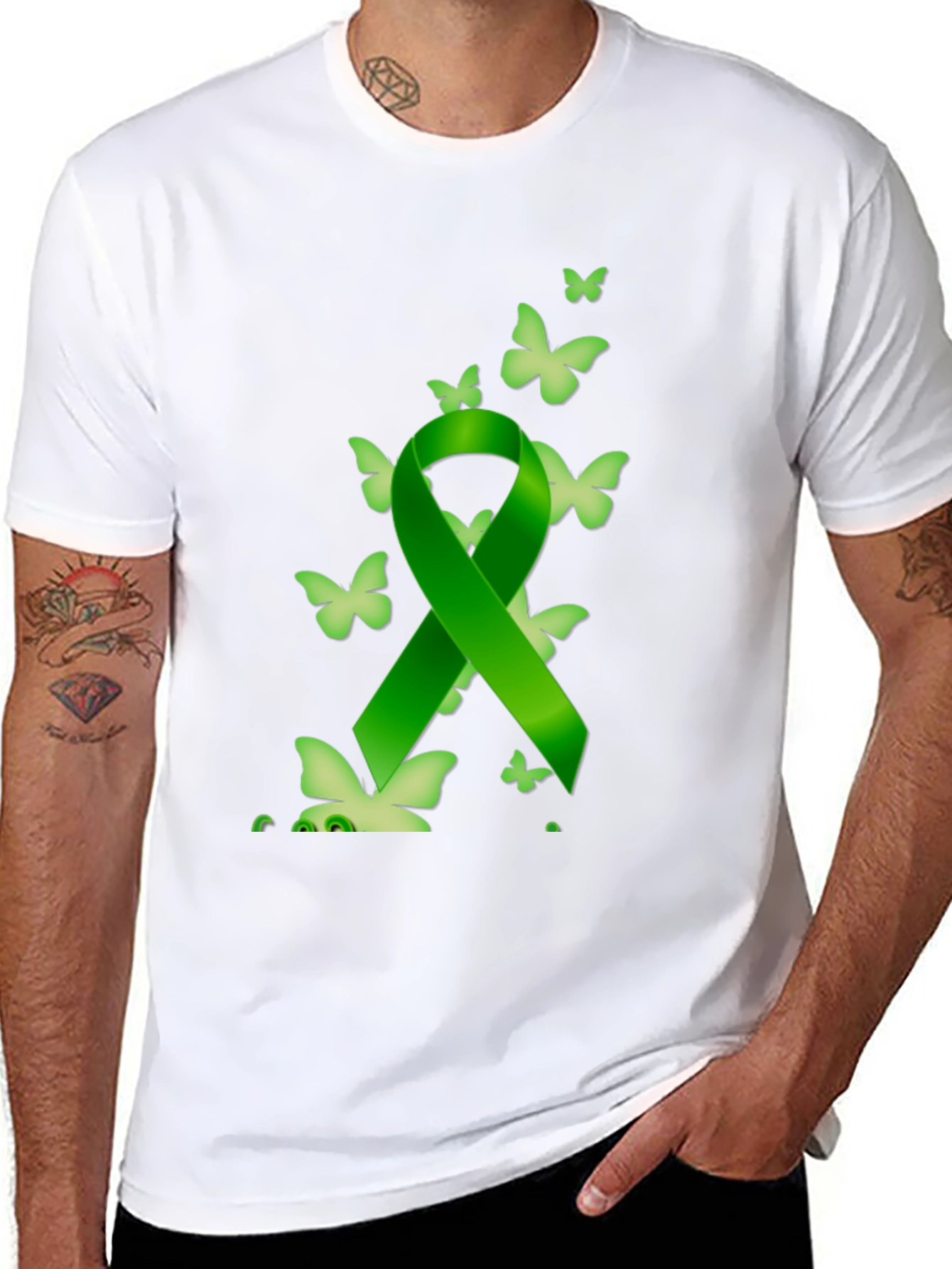 Black Green Ribbon Butterfly Black T-Shirt view 8
