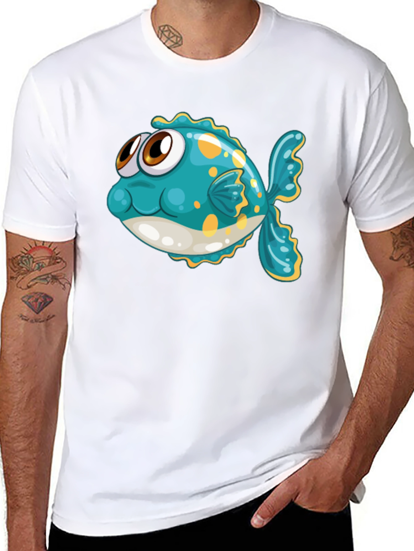 Black Cartoon Fish Graphic Tee - Black Cotton T-Shirt view 8