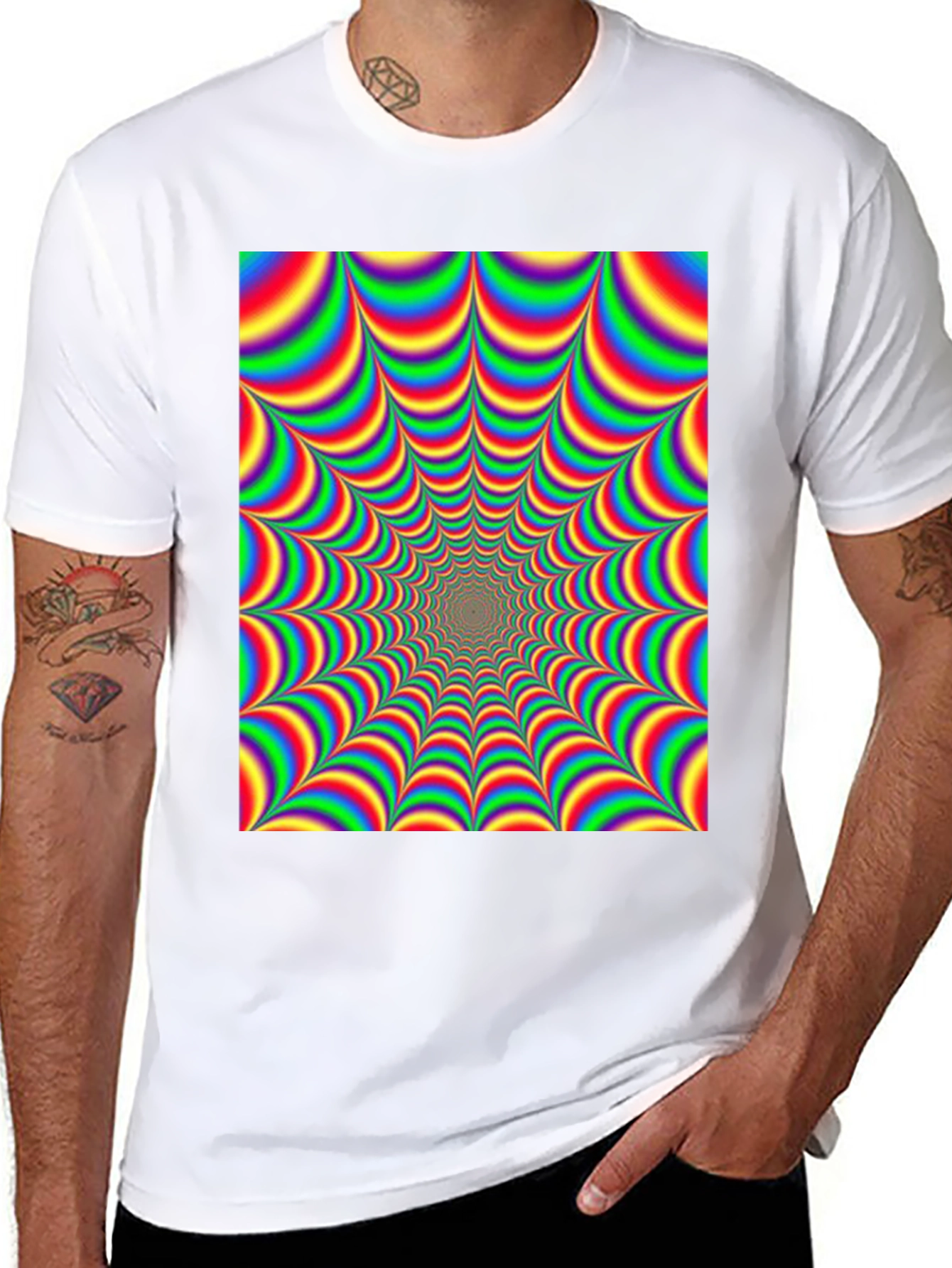 Black Optical Illusion T-Shirt - Hypnotic Rainbow Design view 8