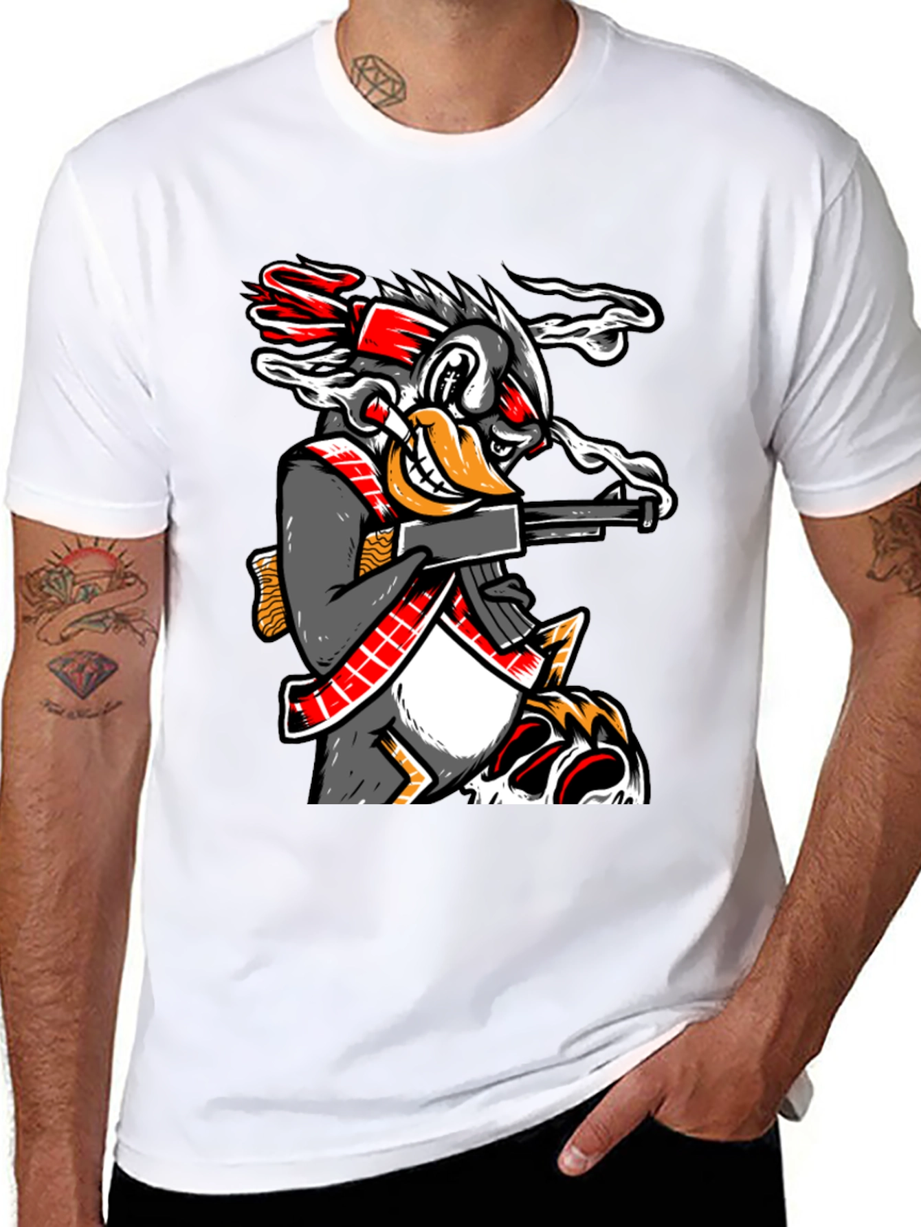 Black Cartoon Duck With Gun Graphic T-Shirt view 8