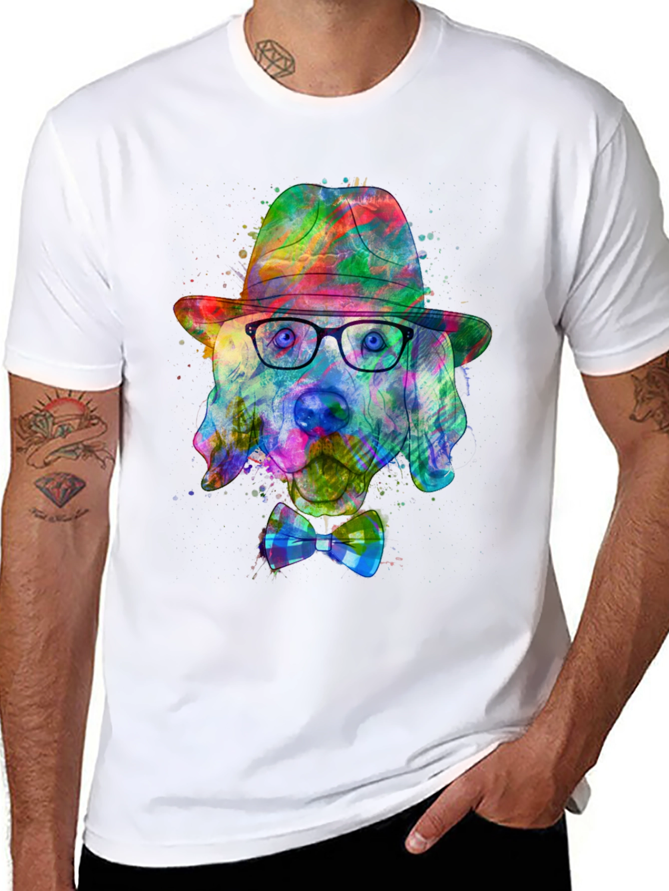Black Dog Art T-Shirt - Watercolor Dog with Hat & Bowtie view 8