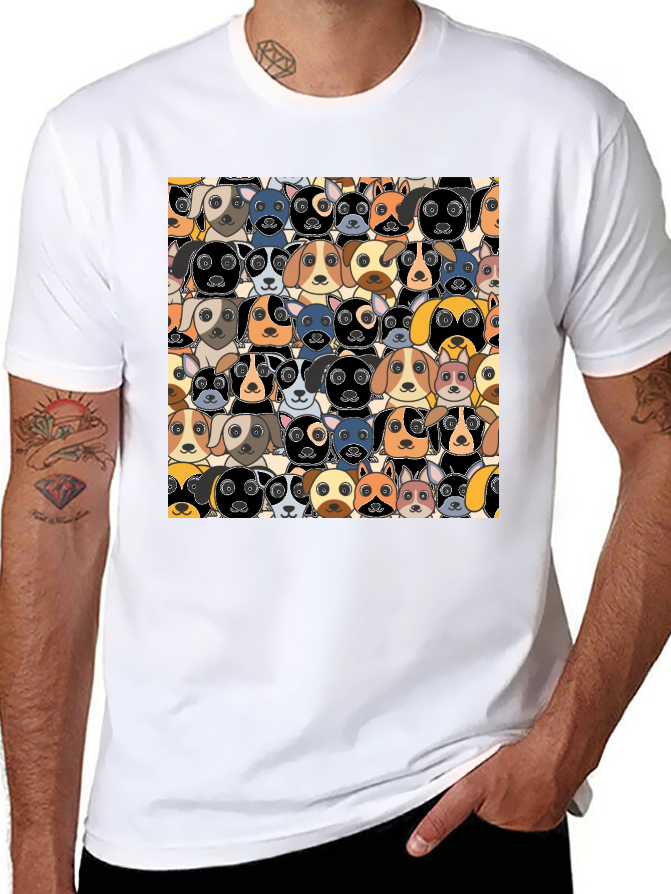 Black Cartoon Dog Faces Pattern T-Shirt view 8