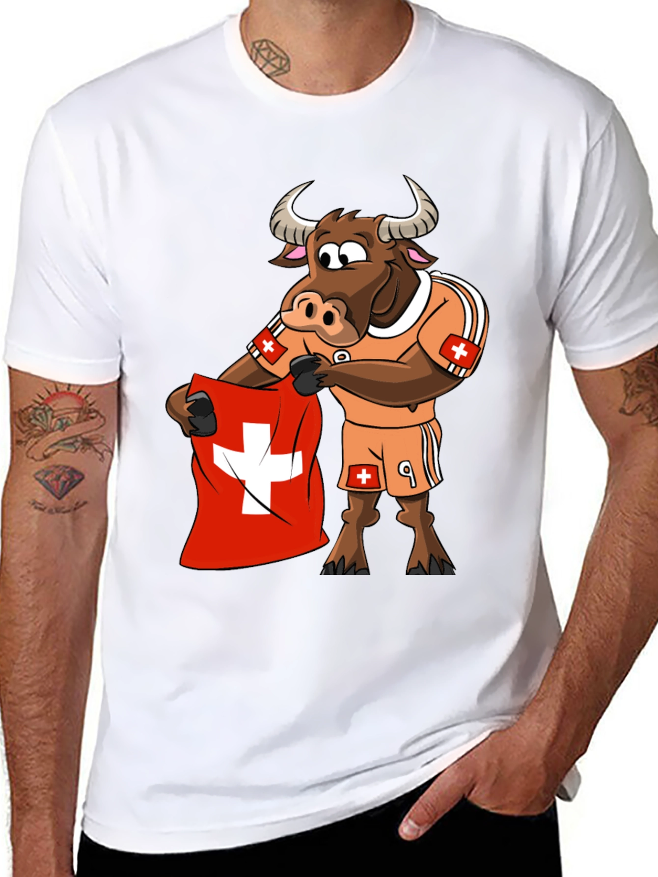 Black Swiss Bull Soccer Fan T-Shirt - Black Cotton Tee view 8