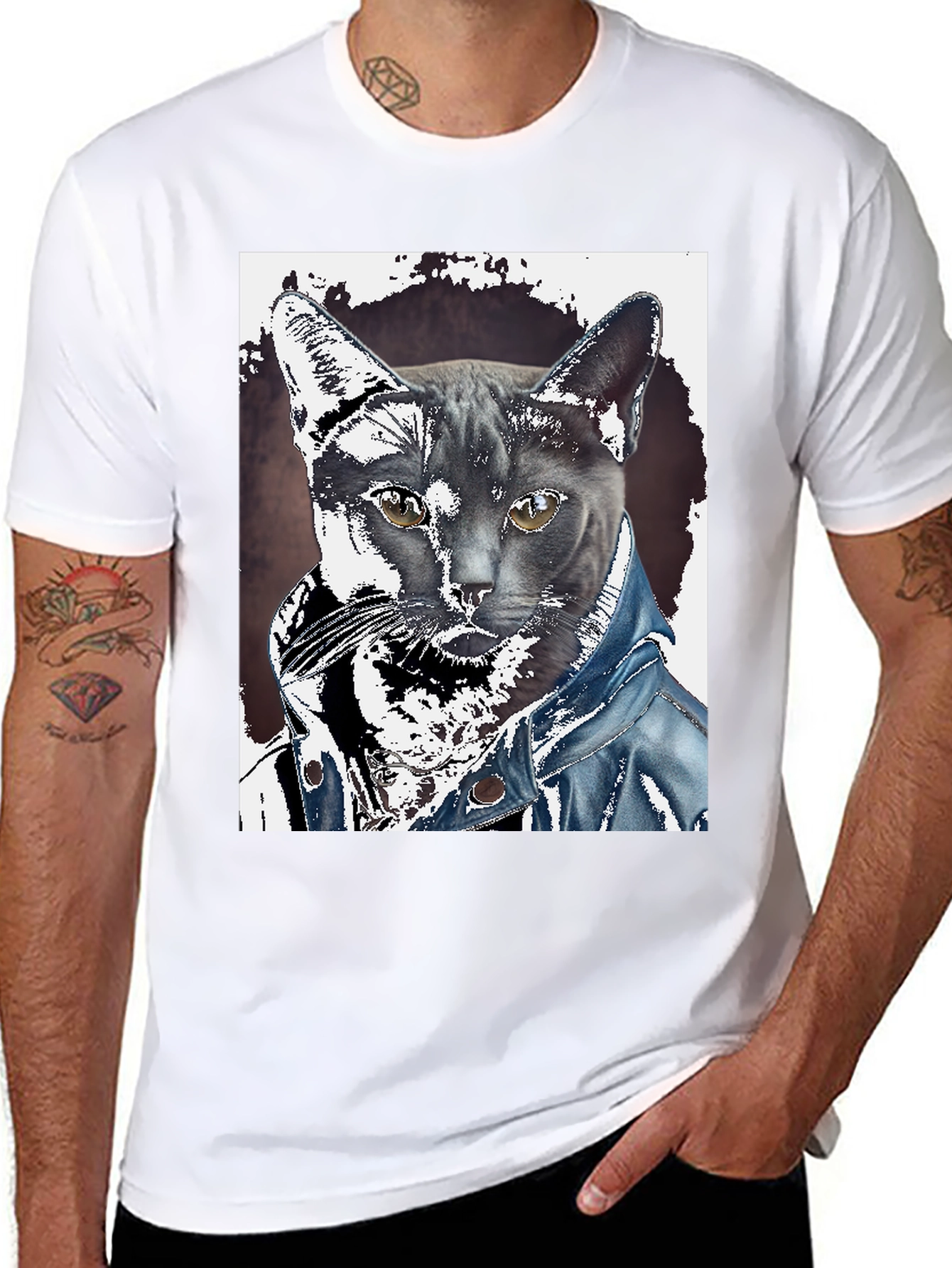 Black Cat in Denim Jacket Graphic Tee - Unique Print view 8