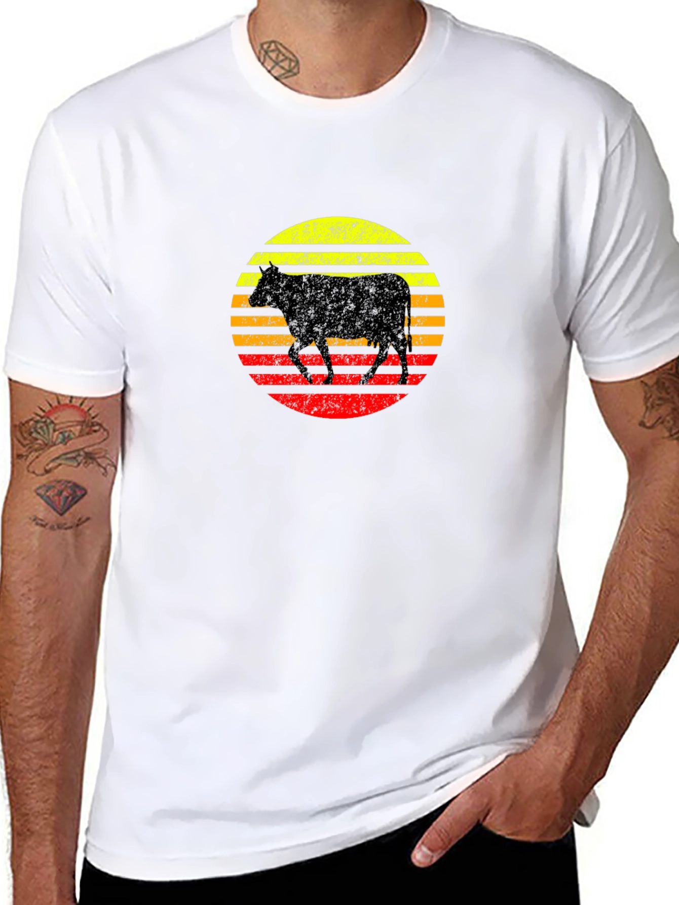Black Retro Cow Sunset Graphic T-Shirt view 8
