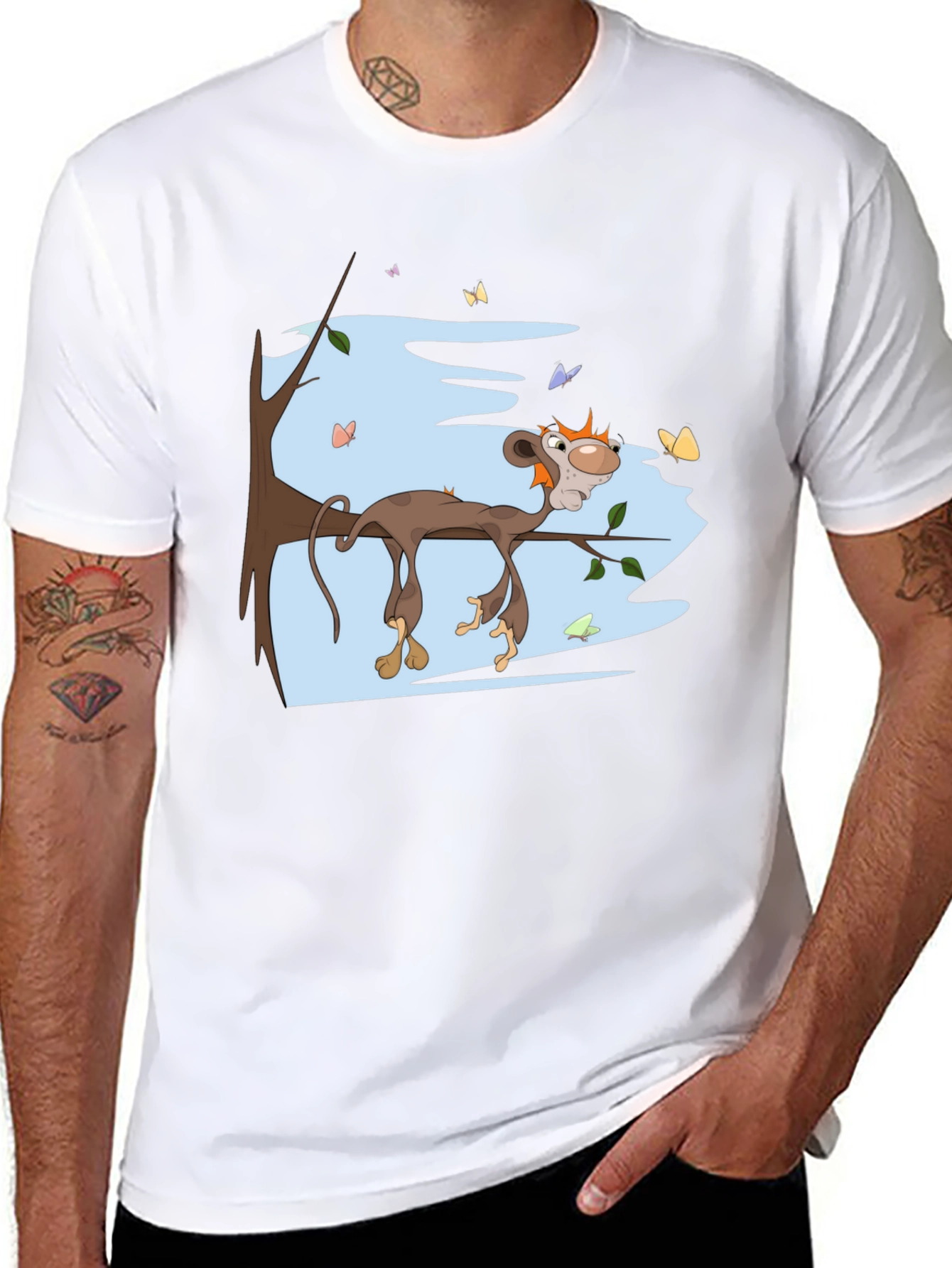 Black Cartoon Monkey Relaxing on Branch Black Tee view 8