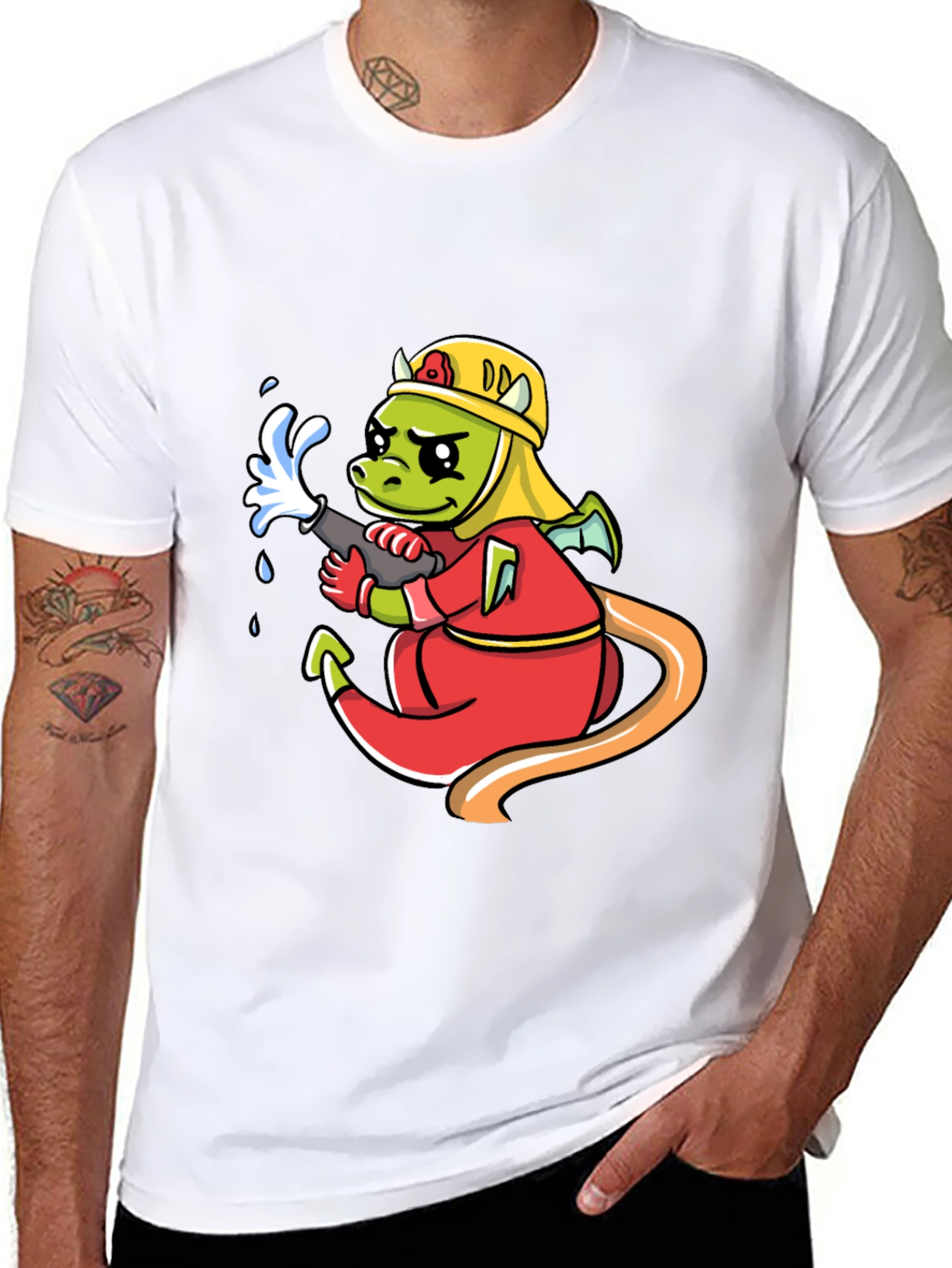 Black Cartoon Dragon Firefighter Graphic T-Shirt view 8